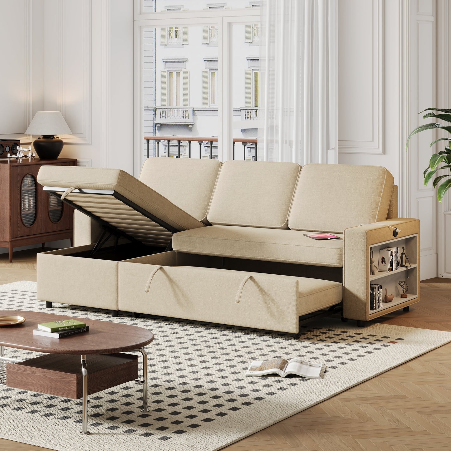 85.8" Pull Out Sleeper Sofa L-Shaped Couch Convertible Sofa Bed With Storage Chaise and Storage Racks,With USB Port