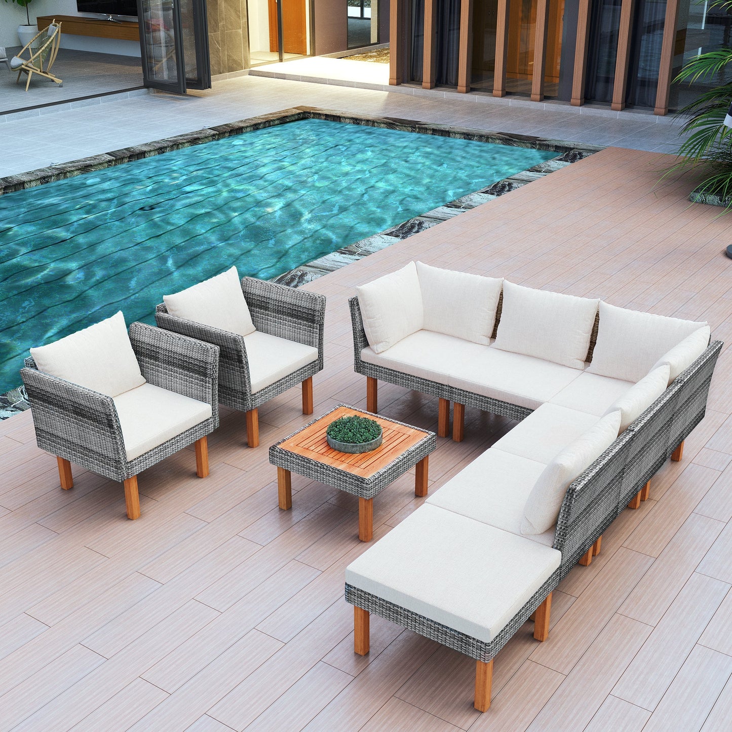 9-Piece Outdoor Patio Garden Wicker Sofa Set, Gray PE Rattan Sofa Set, With Wood Legs, Acacia Wood Tabletop