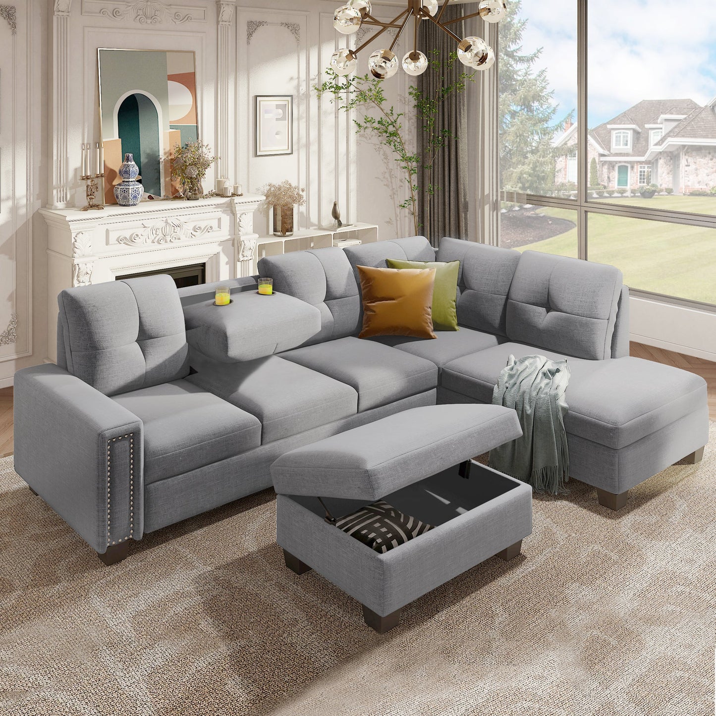 Reversible Sectional Sofa Space Saving With Storage Ottoman Rivet Ornament
