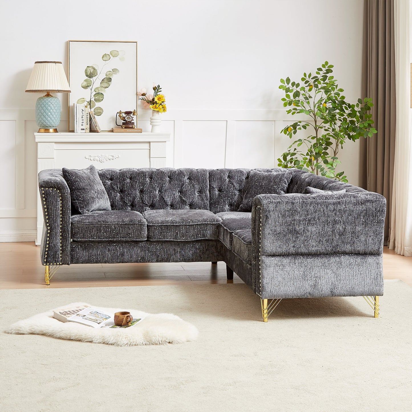 81.5-Inch Chenille Corner Sofa , L-Shaped Sectional Couch, 5-Seater Corner Sofas With 3 Cushions for Living Room, Bedroom