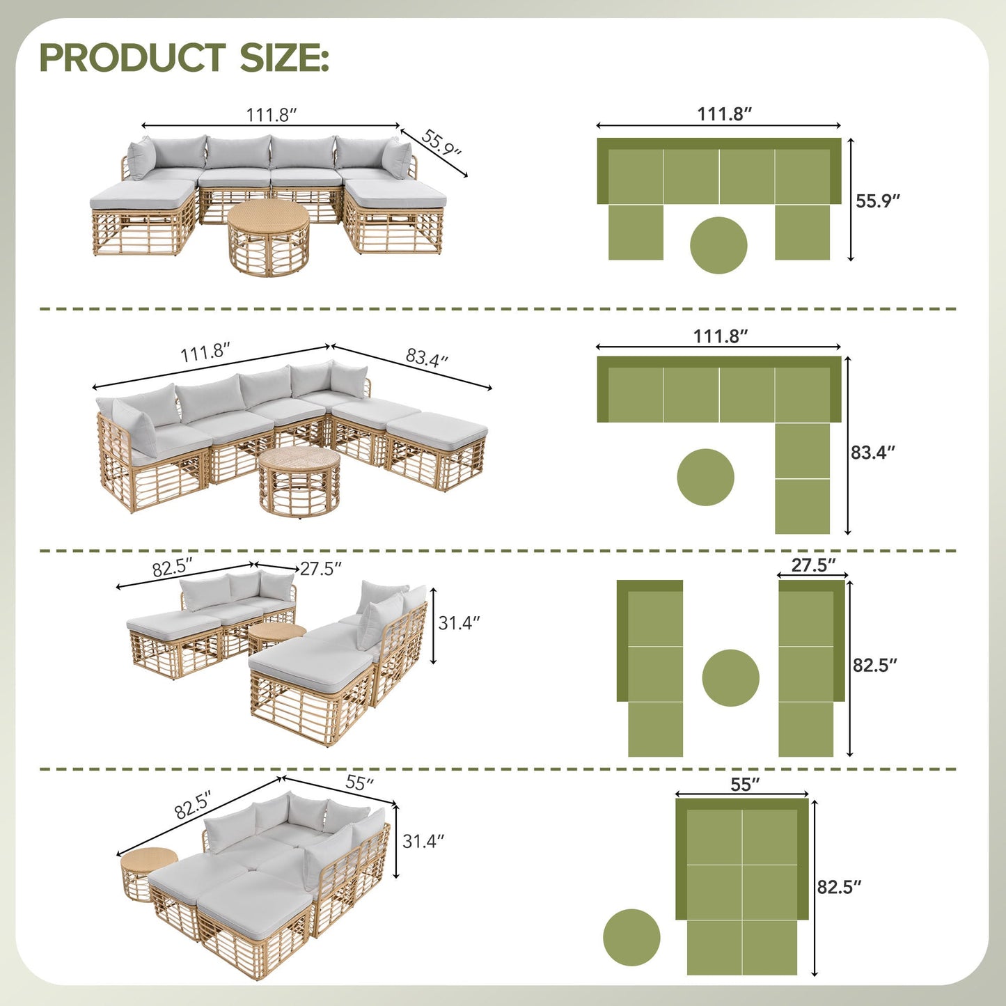7 Pieces Outdoor Patio Furniture, All-Weather Rattan Sectional Sofa Set With Thick Cushions and Pillows, Freely Combined