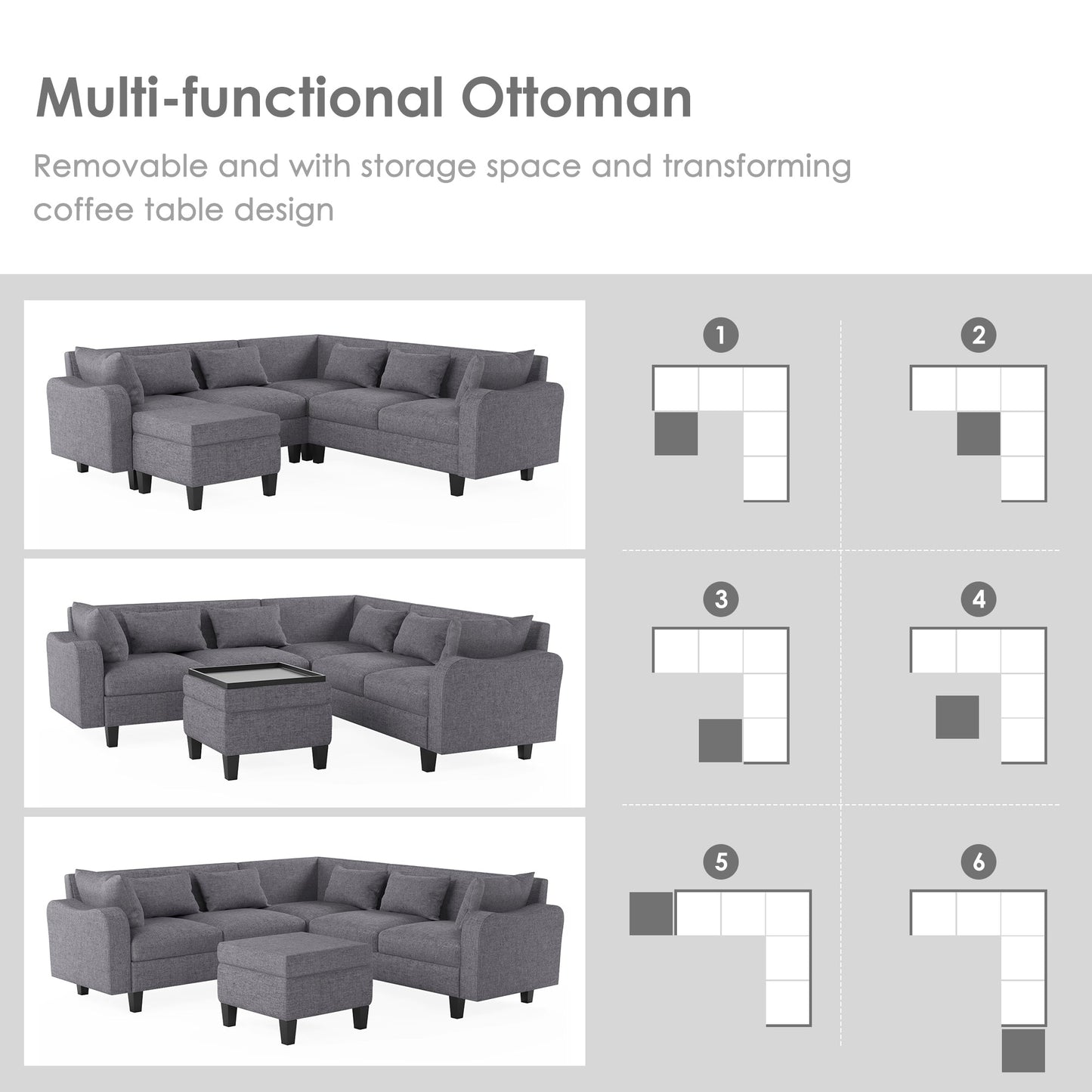 87" Modern Sectional Sofa With Coffee Table,6-Seat Couch Set With Storage Ottoman,Various Combinations,L-Shape Indoor