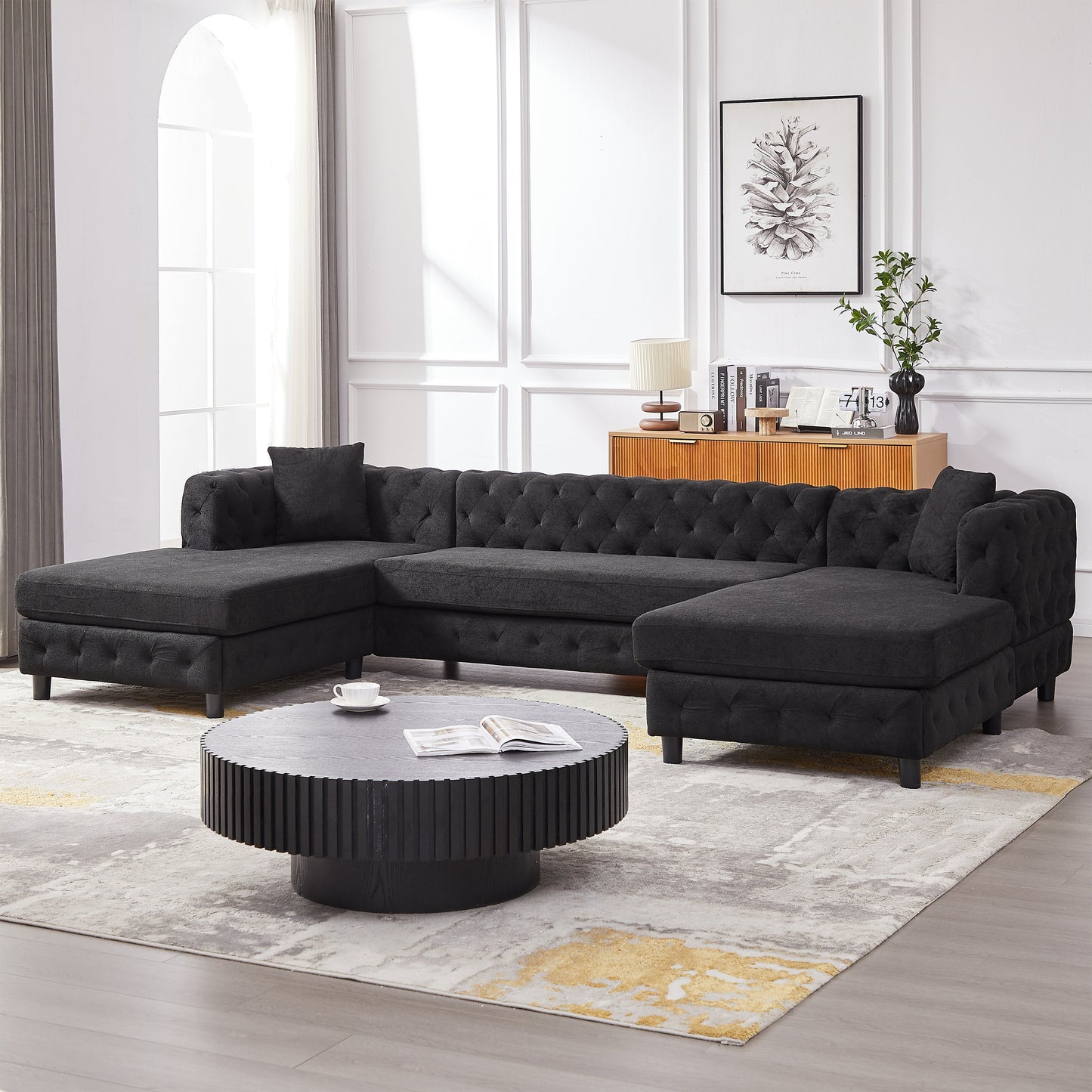 126-Inch Modern Style Chenille Three Piece Sofa, Pull Point Design U-Shaped Sofa Two Chaise Longue Seats, Two Pillows
