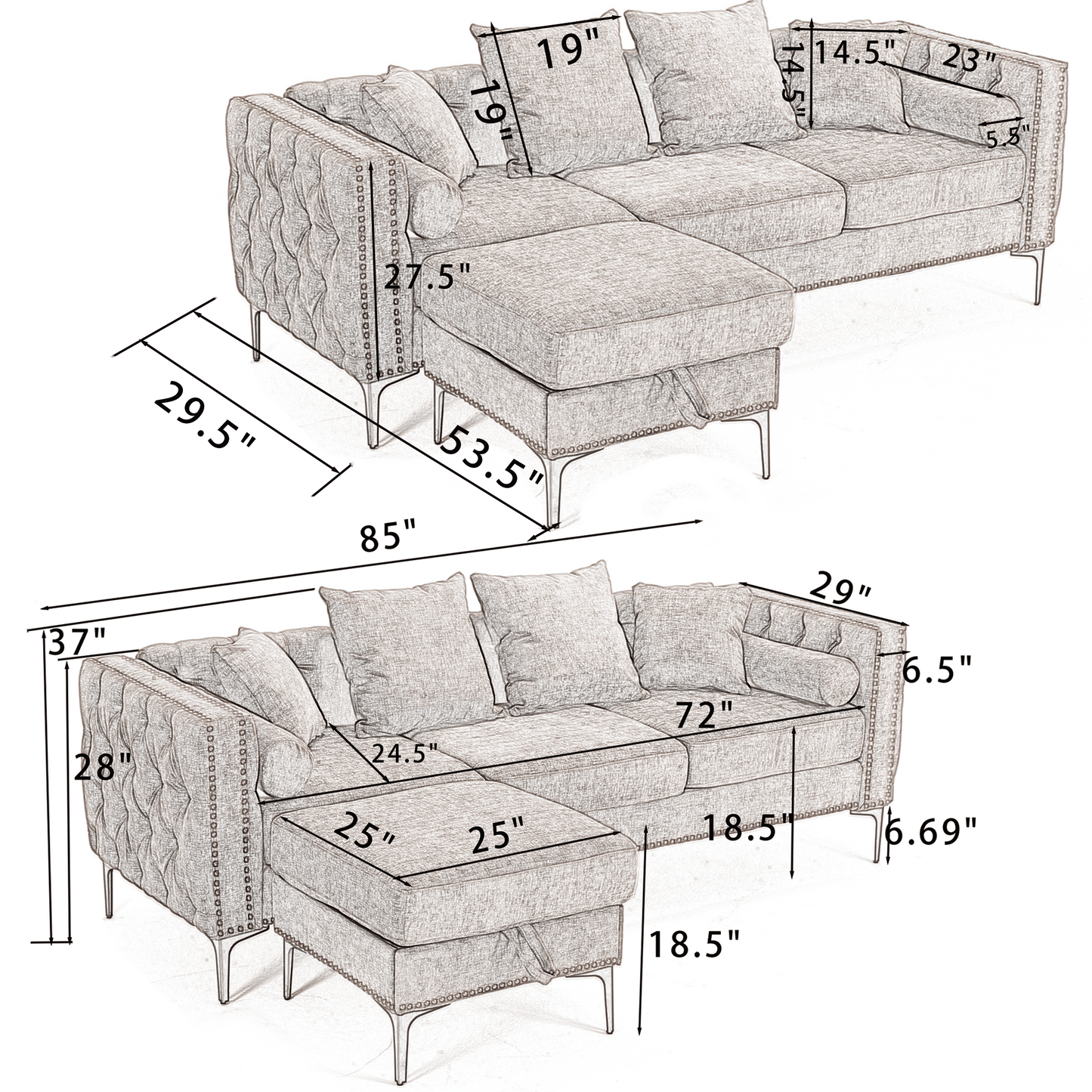 L Shaped Sectional Sofa , Convertible Storage Ottoman,Chenille ,Square Arm, Modern Tufted Couch ,3 Seater