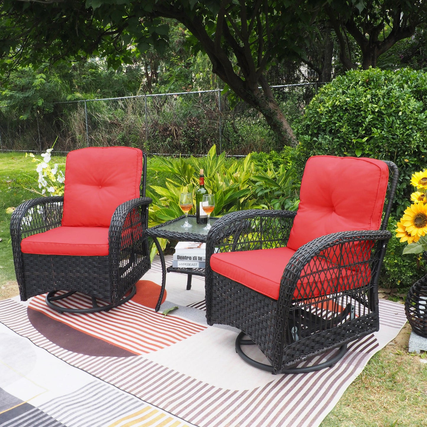 360-Degree Patio Wicker Swivel Rocker Chairs Set; Outdoor Rattan Rocking Bistro Sets With Cushions and Table