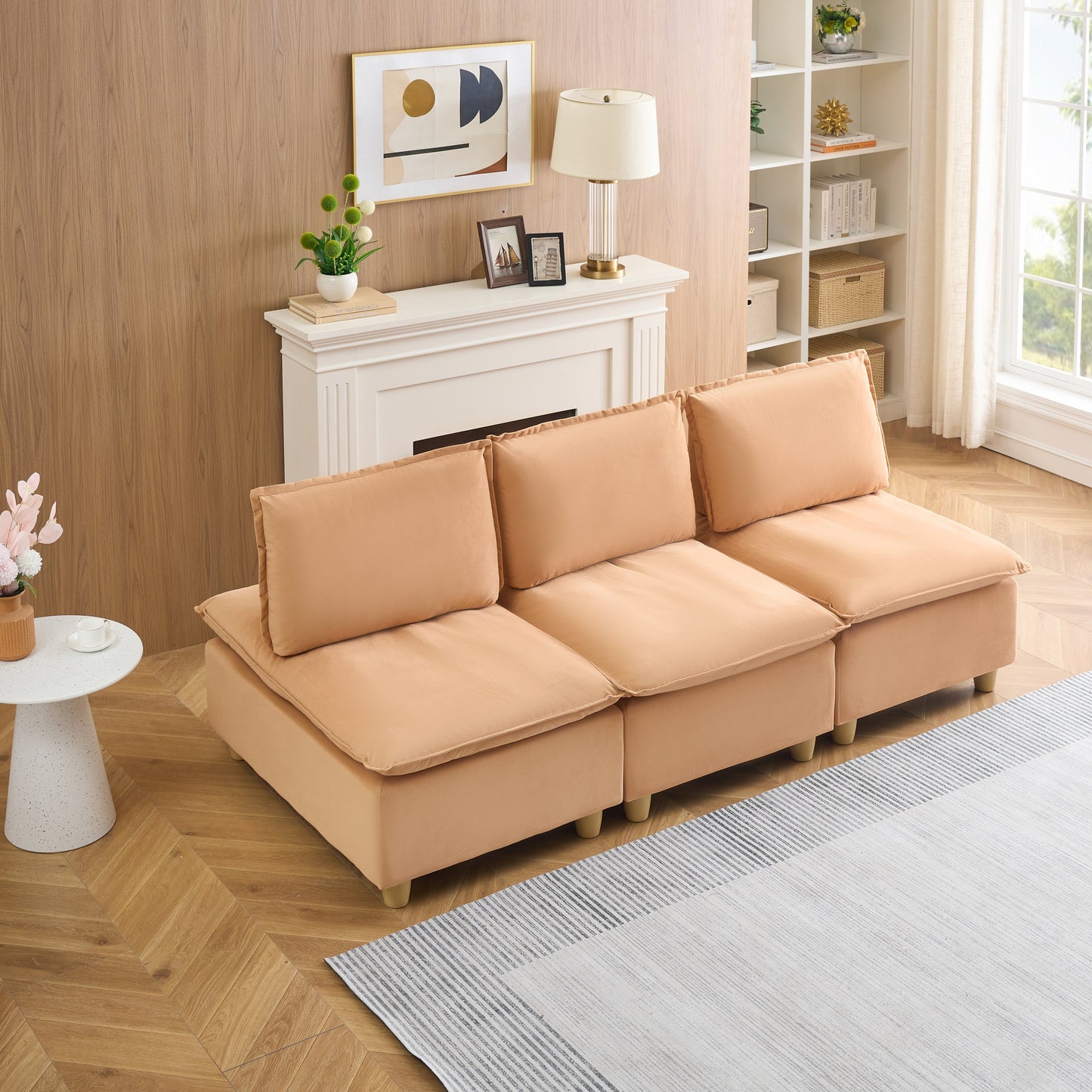 88-Inch Simple, Modern and Ultra-Comfortable Straight-Row Three-Seater Pumpkin-Colored Flannel Sofa