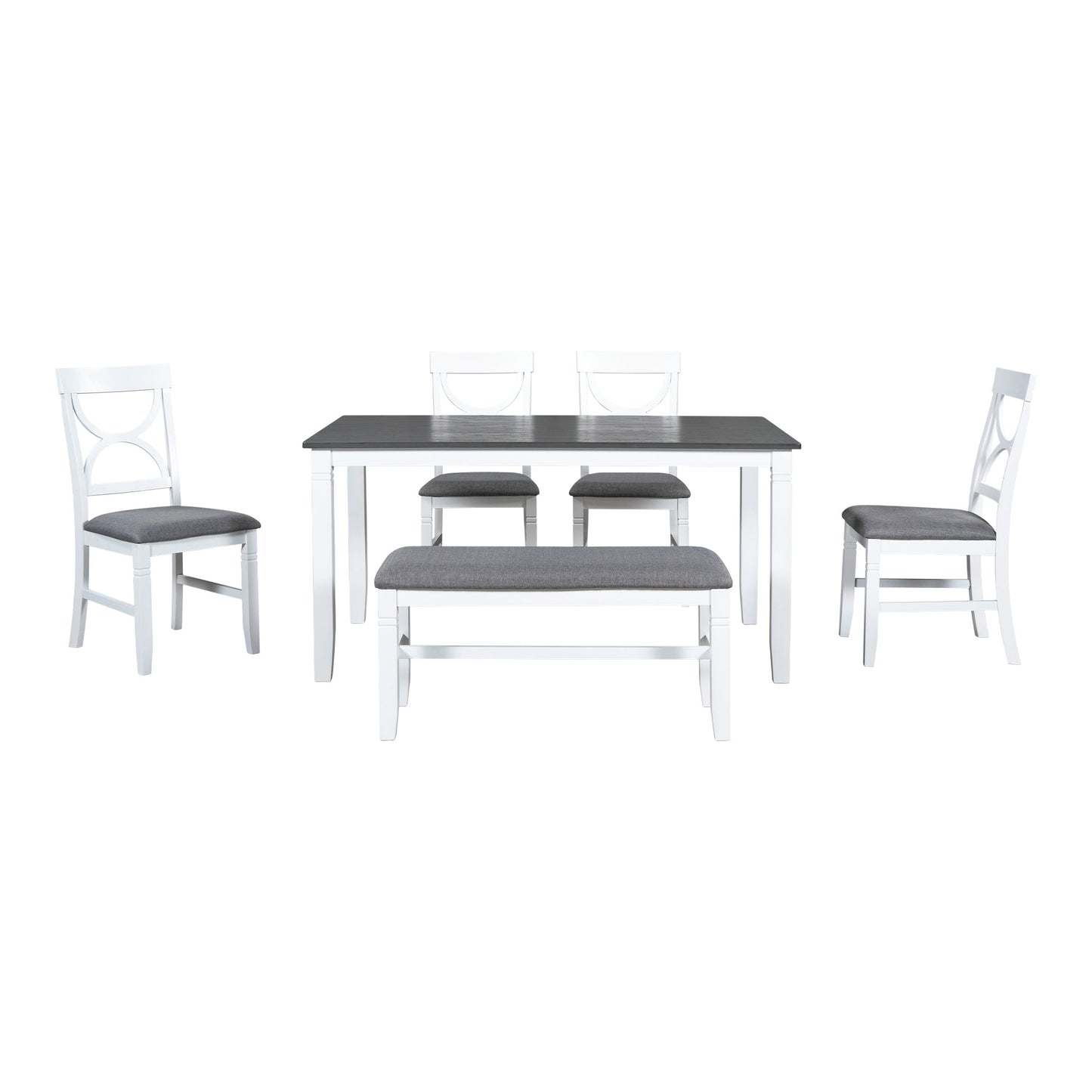 6-Piece Wood Dining Table Set Kitchen Table Set With Upholstered Bench and 4 Dining Chairs, Farmhouse Style,Gray+White