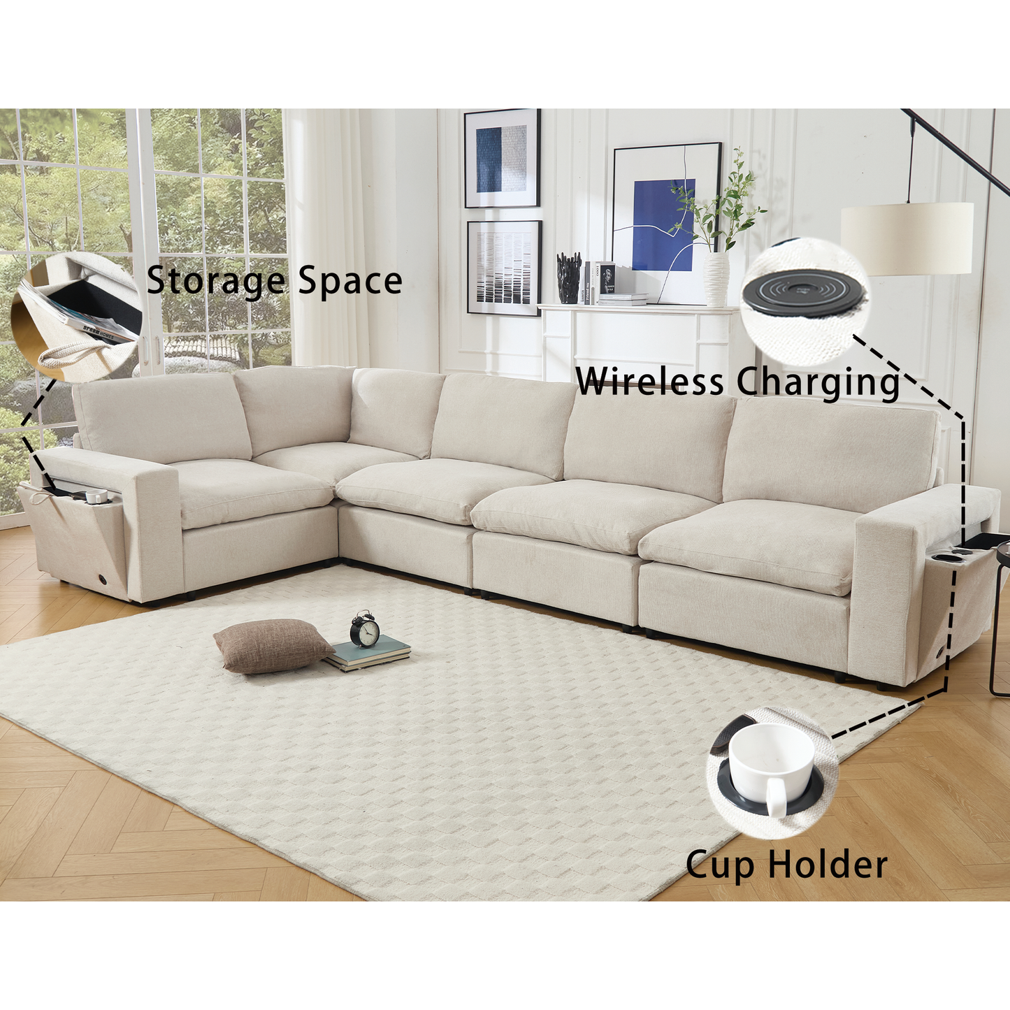 Sectional Couches for Living Room,Modular Couch,Wireless Charging Port & Cup Holders,5-Seat ,DIY Combination,L-Shaped Sofa