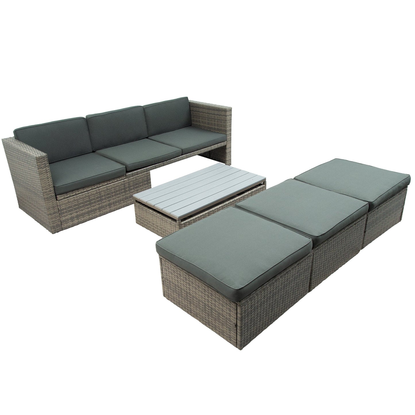 Patio Furniture Sets, 5-Piece Patio Wicker Sofa With Adustable Backrest, Cushions, Ottomans and Lift Top Coffee Table