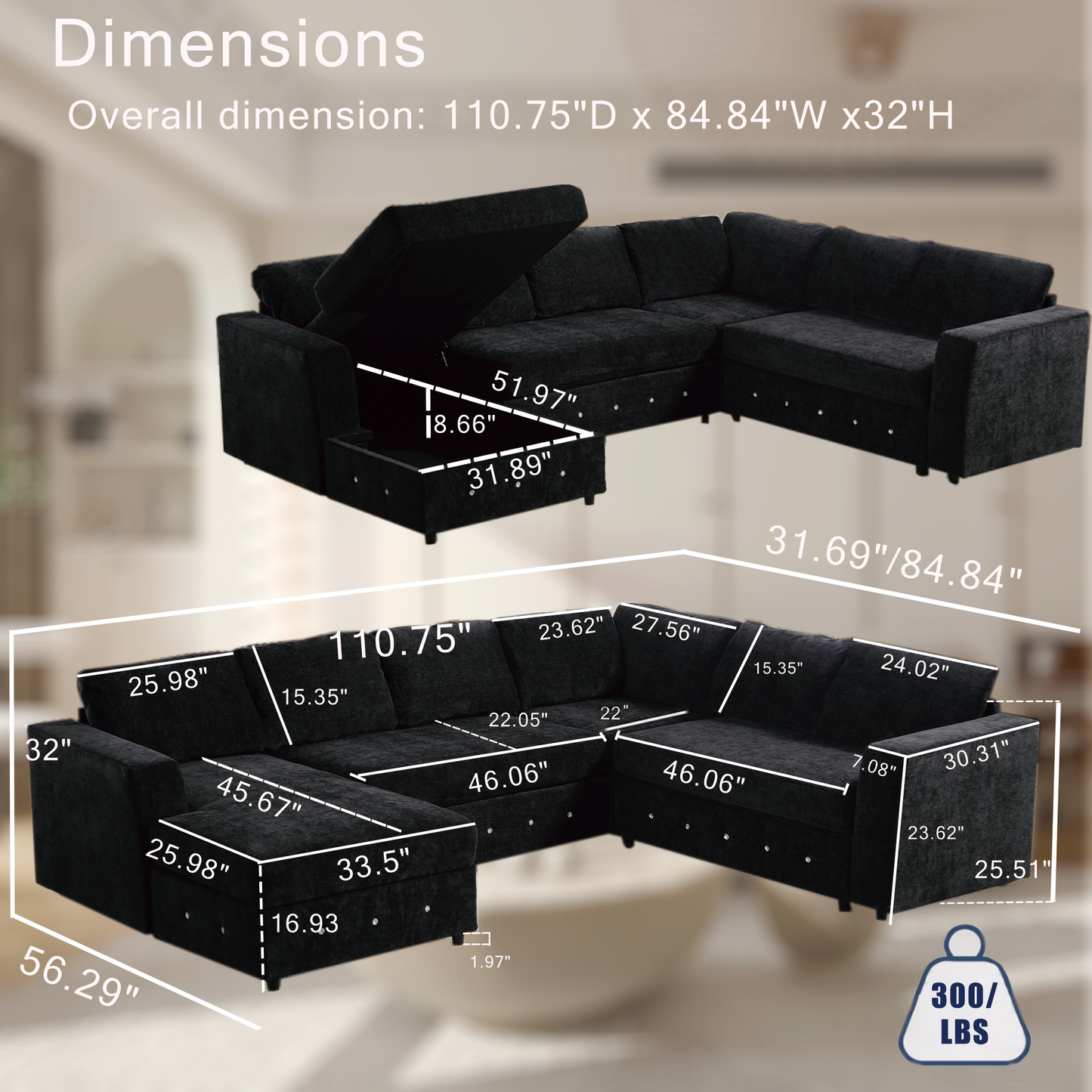 110.75" Sectional Sofa,Oversized Modular Sofa,Chaise Storage, Modern U Shaped Couch , Upholstered Sofas,Chenille