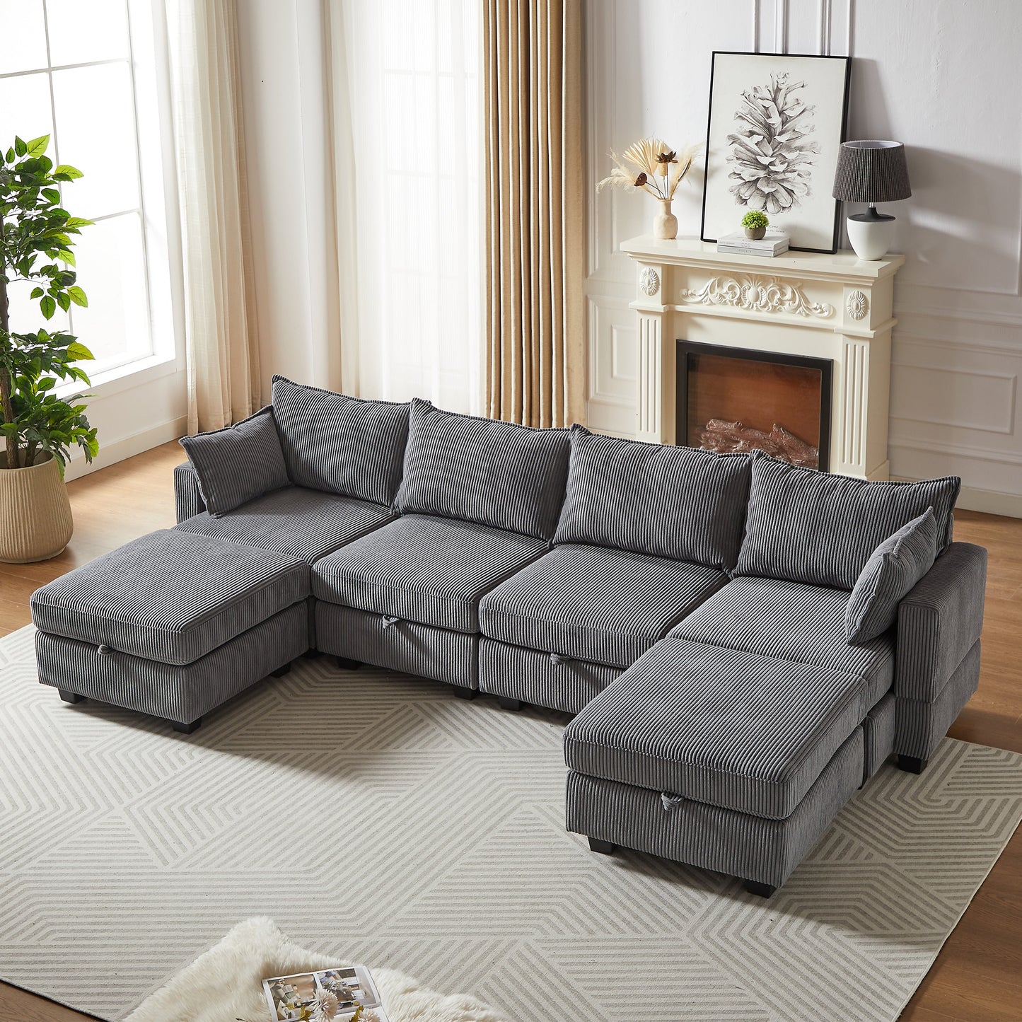 113.5'' Modular Sectiona Corduroy Sofa, Sectional Couches for Living Room U Shaped Sectional Couch With Storage Ottoman
