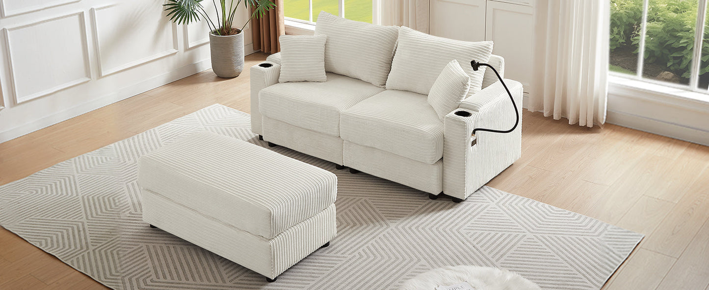 72.8" Modern Style Loveseat Sofa Sectional Sofa Couch With Storage Space, a Movable Ottoman, Two USB Ports, Two Cup Hold