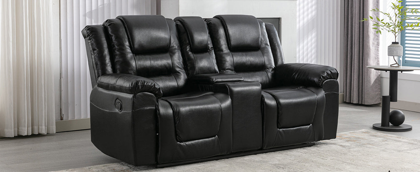 2 Seater Home Theater Recliner Manual Recliner Chair With a Storage Box and Two Cup Holders for Living Room,Bedroom, Black