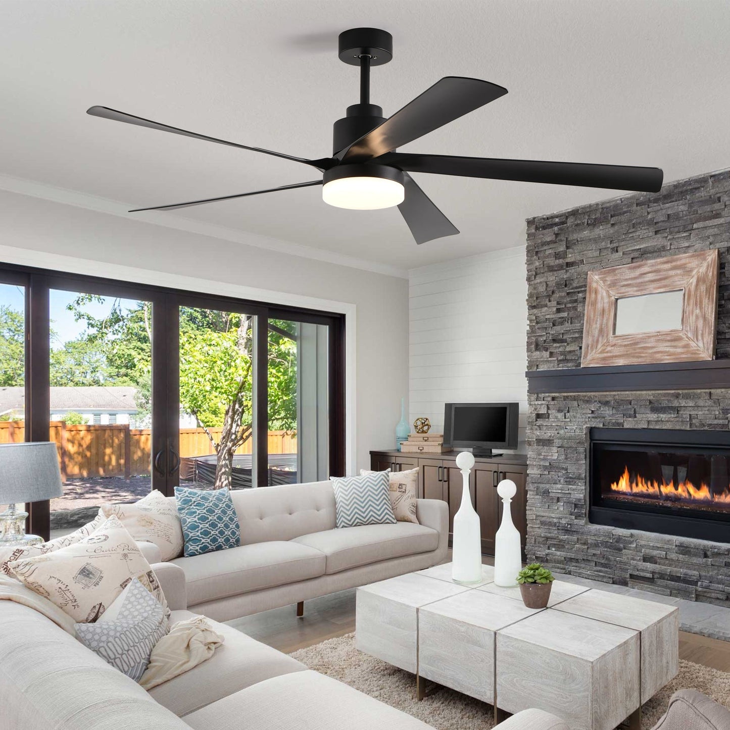 65 Inch Black Ceiling Fan With Light, 5-Blade Dimmable LED Ceiling Fan With Remote Control, Modern Quiet Design