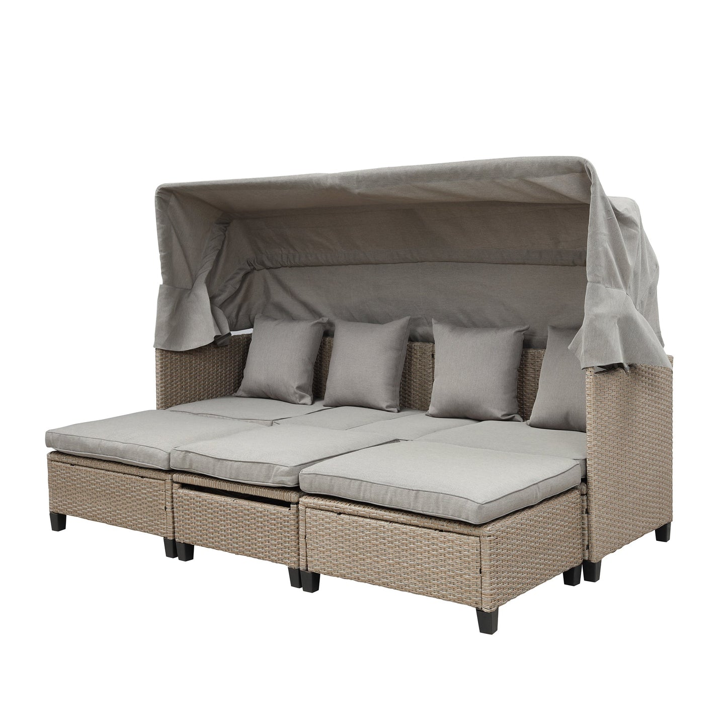 4 Piece UV-Proof Resin Wicker Patio Sofa Set With Retractable Canopy, Cushions and Lifting Table,Brown