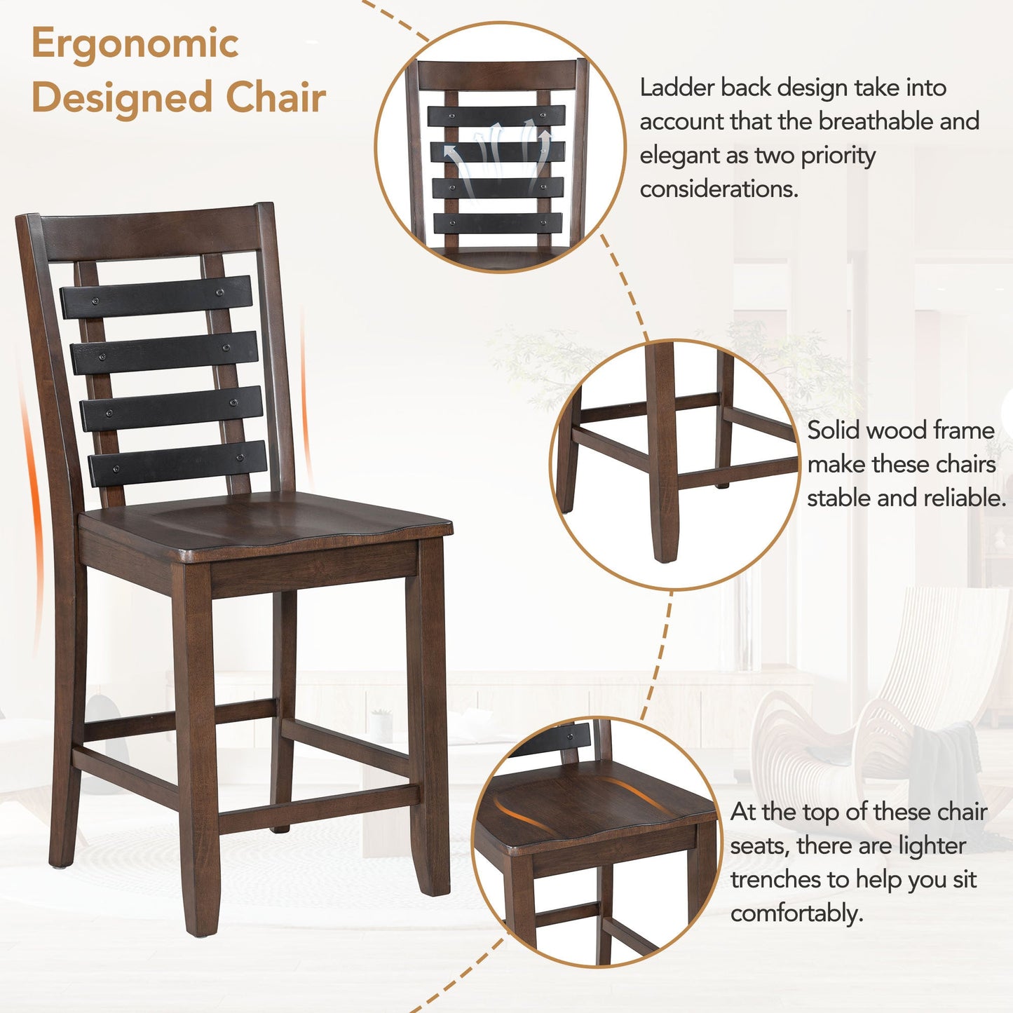 Counter Height 5-Piece Dining Table Set With Faux Marble Tabletop, Solid Wood Table Set With Storage Cabinet and Drawer