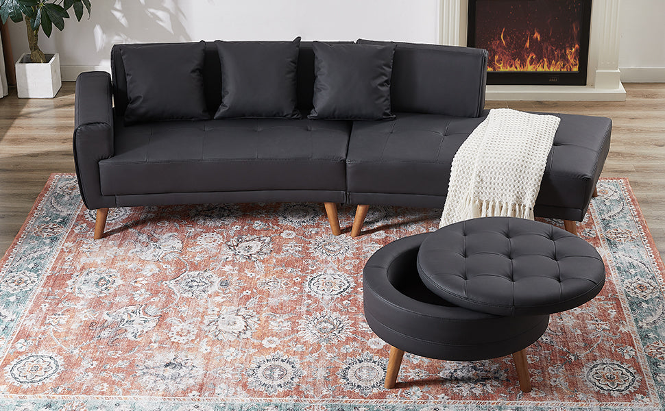 107" Contemporary Sofa Stylish Sofa Couch With a Round Storage Ottoman and Three Removable Pillows for Living Room, Black
