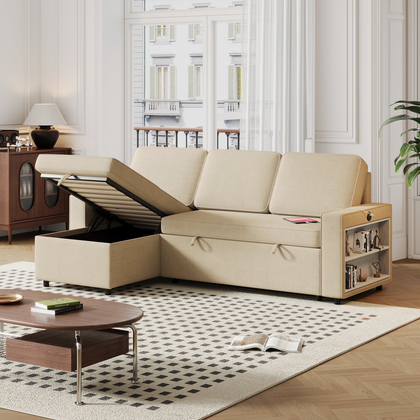 85.8" Pull Out Sleeper Sofa L-Shaped Couch Convertible Sofa Bed With Storage Chaise and Storage Racks,With USB Port