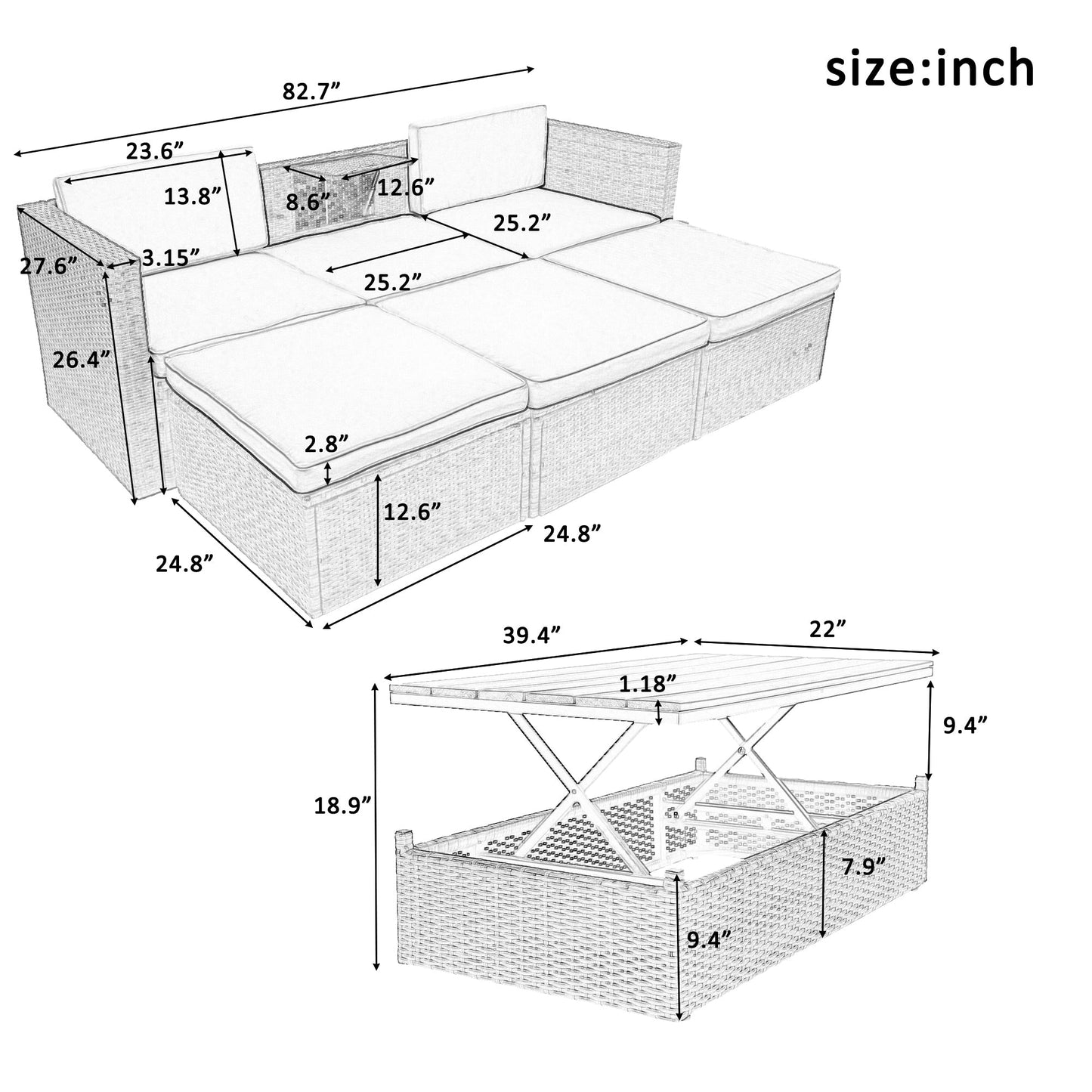 Patio Furniture Sets, 5-Piece Patio Wicker Sofa With Adustable Backrest, Cushions, Ottomans and Lift Top Coffee Table