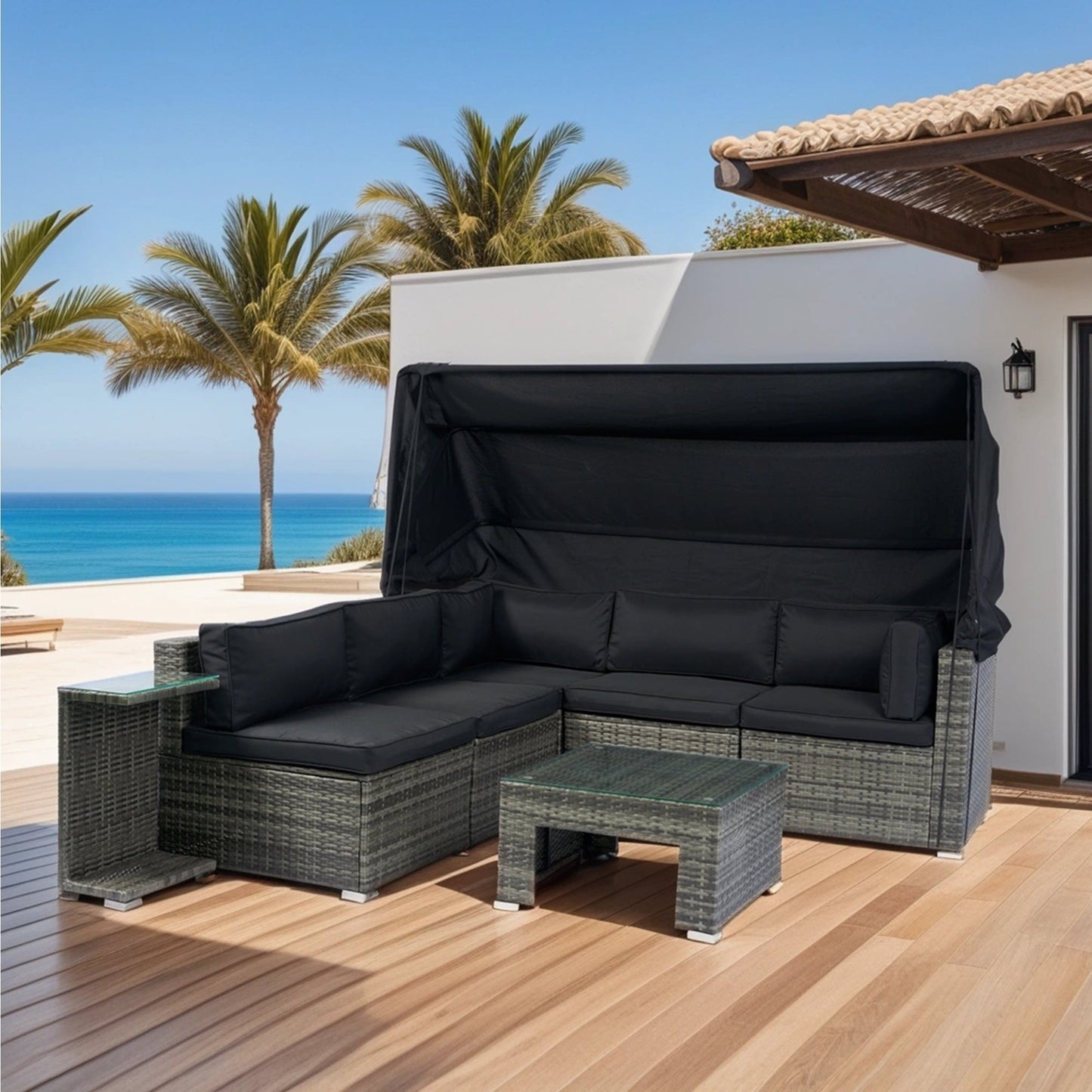 7-Piece Patio Furniture Set W/Retractable Canopy Wicker Rattan Sectional Sofa Set Patio Furniture With Washable Cushions