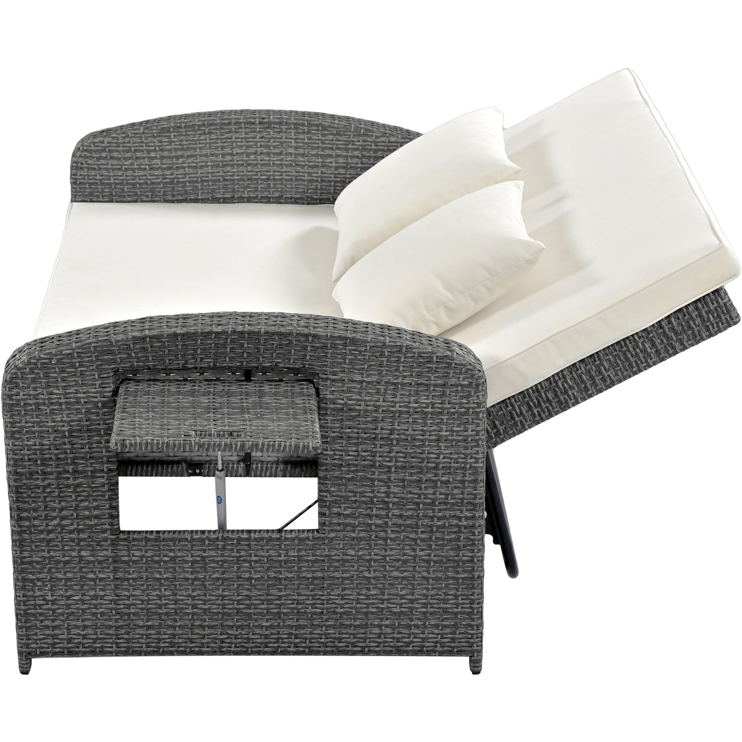 PE Wicker Rattan Double Chaise Lounge, 2-Person Reclining Daybed With Adjustable Back and Cushions