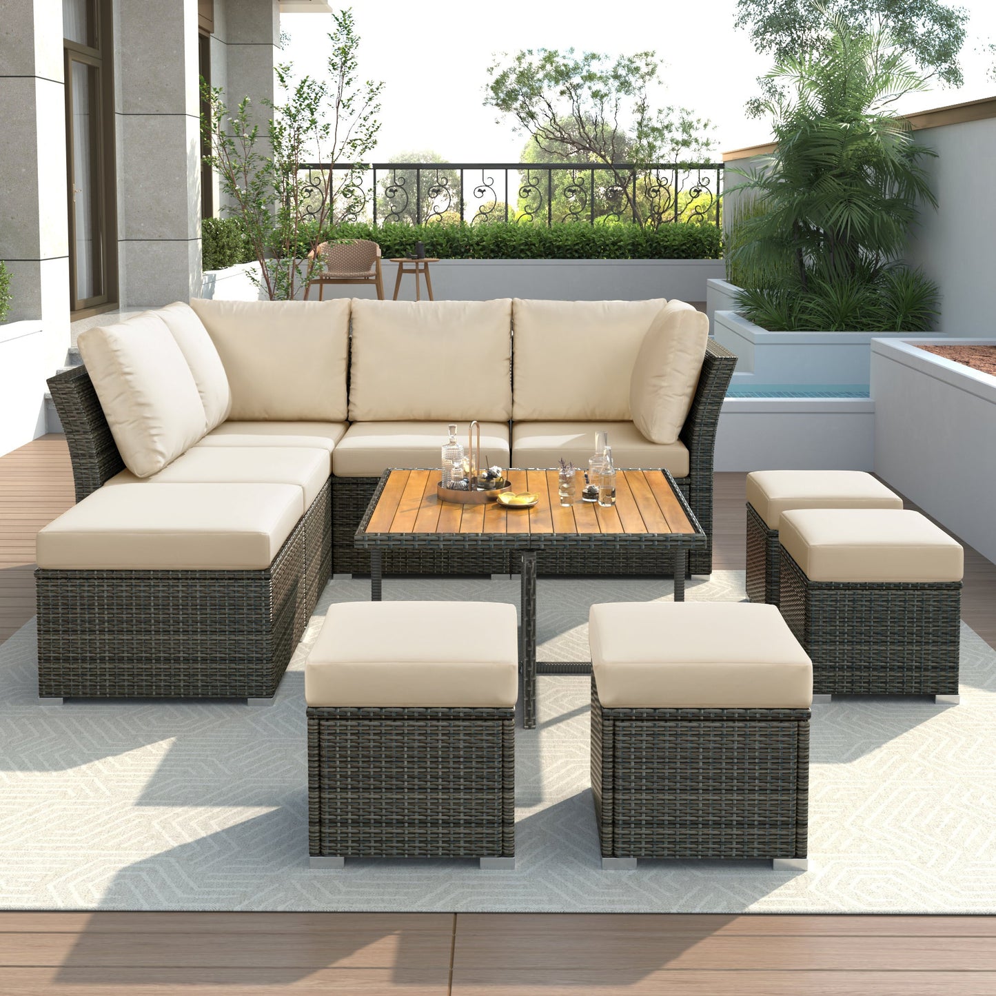 Patio Furniture Set, 10 Piece Outdoor Conversation Set, CoffeeTable With Ottomans, Solid Wood Coffee Table