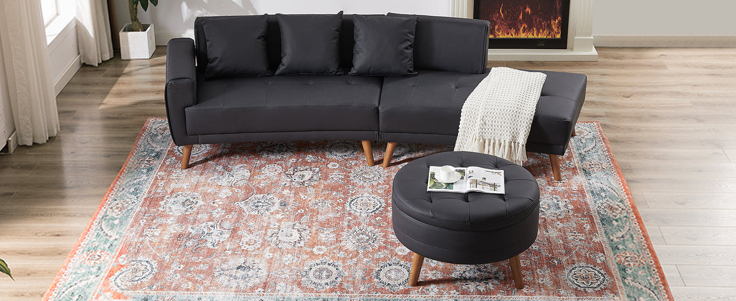 107" Contemporary Sofa Stylish Sofa Couch With a Round Storage Ottoman and Three Removable Pillows for Living Room, Black