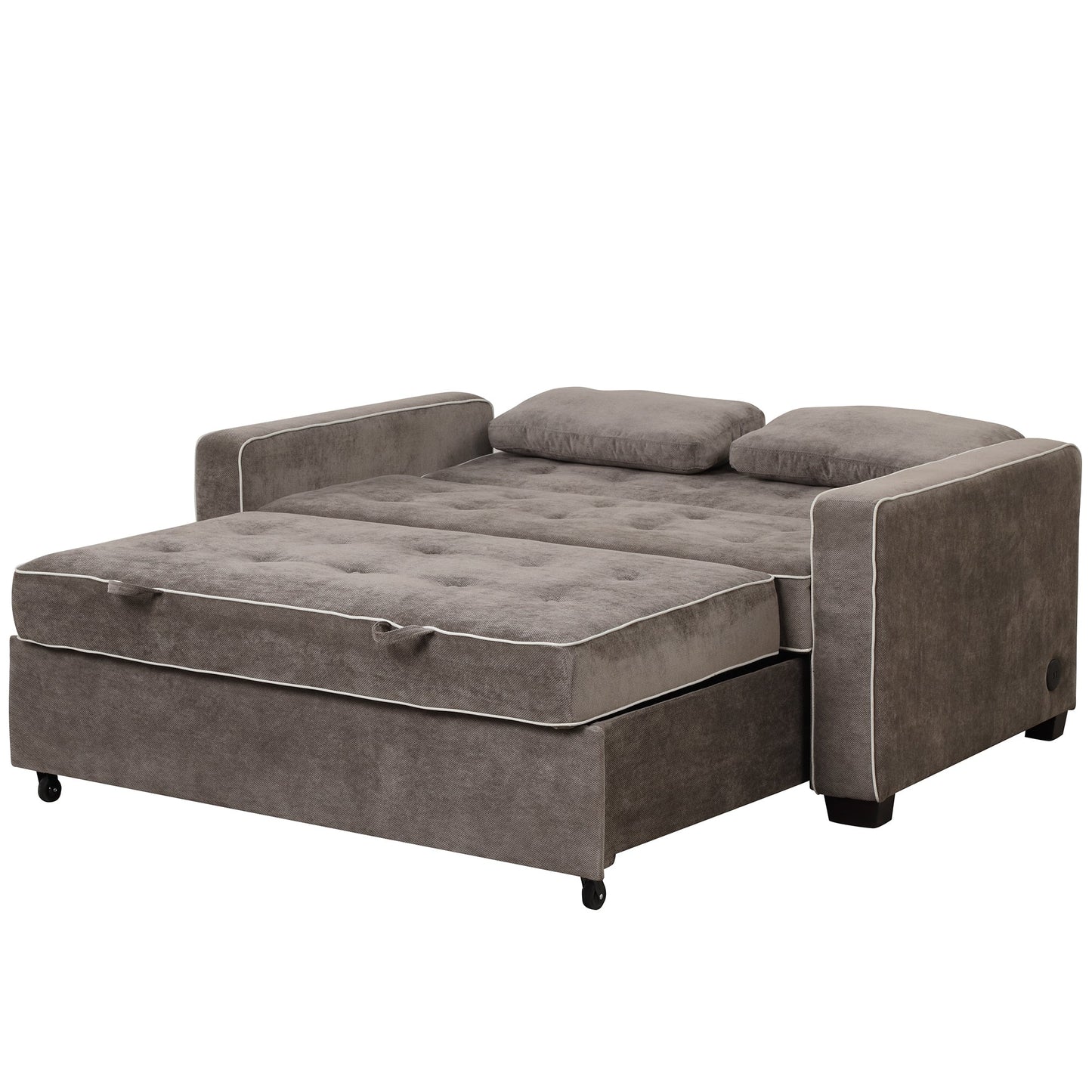 65.7" Linen Upholstered Sleeper Bed , Pull Out Sofa Bed Couch Attached Two Throw Pillows,Dual USB Charging Port