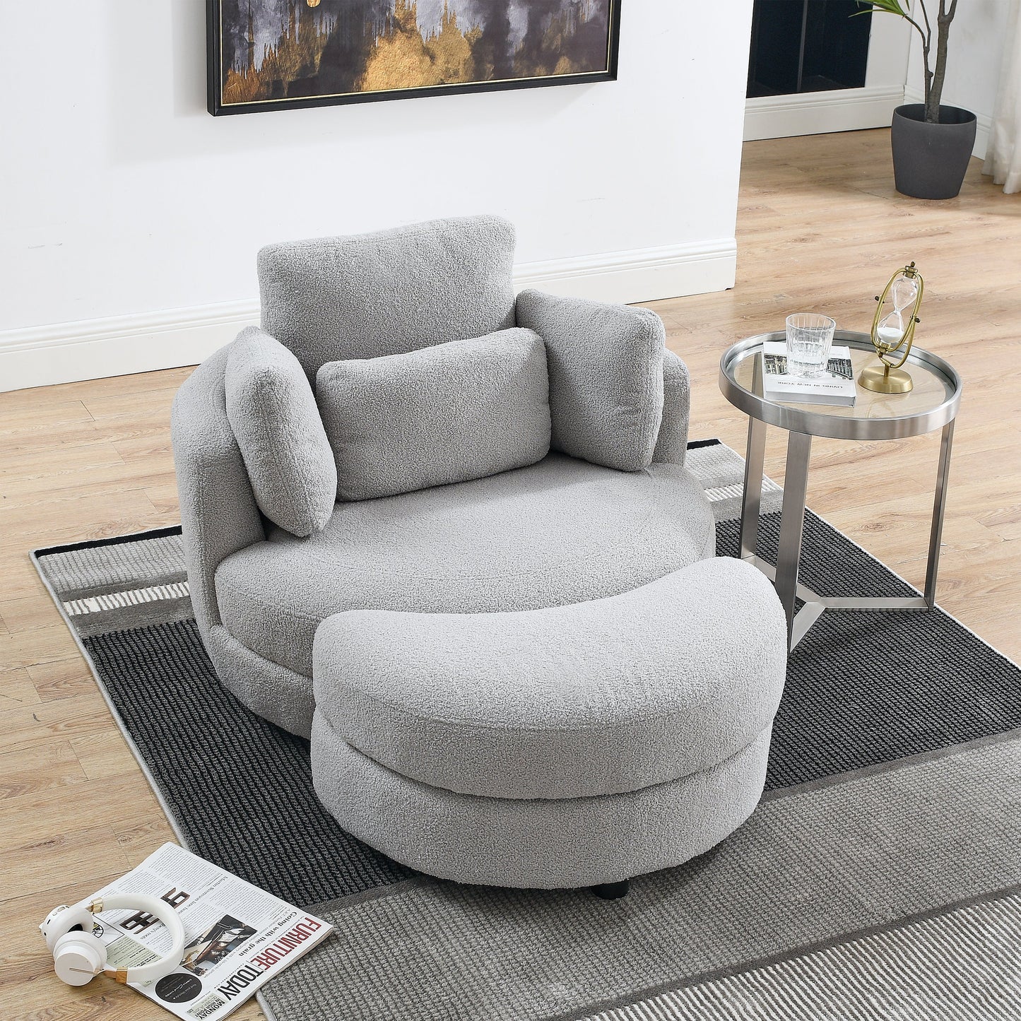 39"W Oversized Swivel Chair With Moon Storage Ottoman for Living Room, Modern Accent Round Loveseat Circle