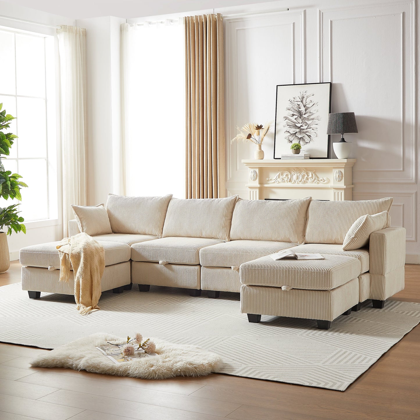 113.5'' Modular Sectiona Corduroy Sofa, Sectional Couches for Living Room U Shaped Sectional Couch With Storage Ottoman