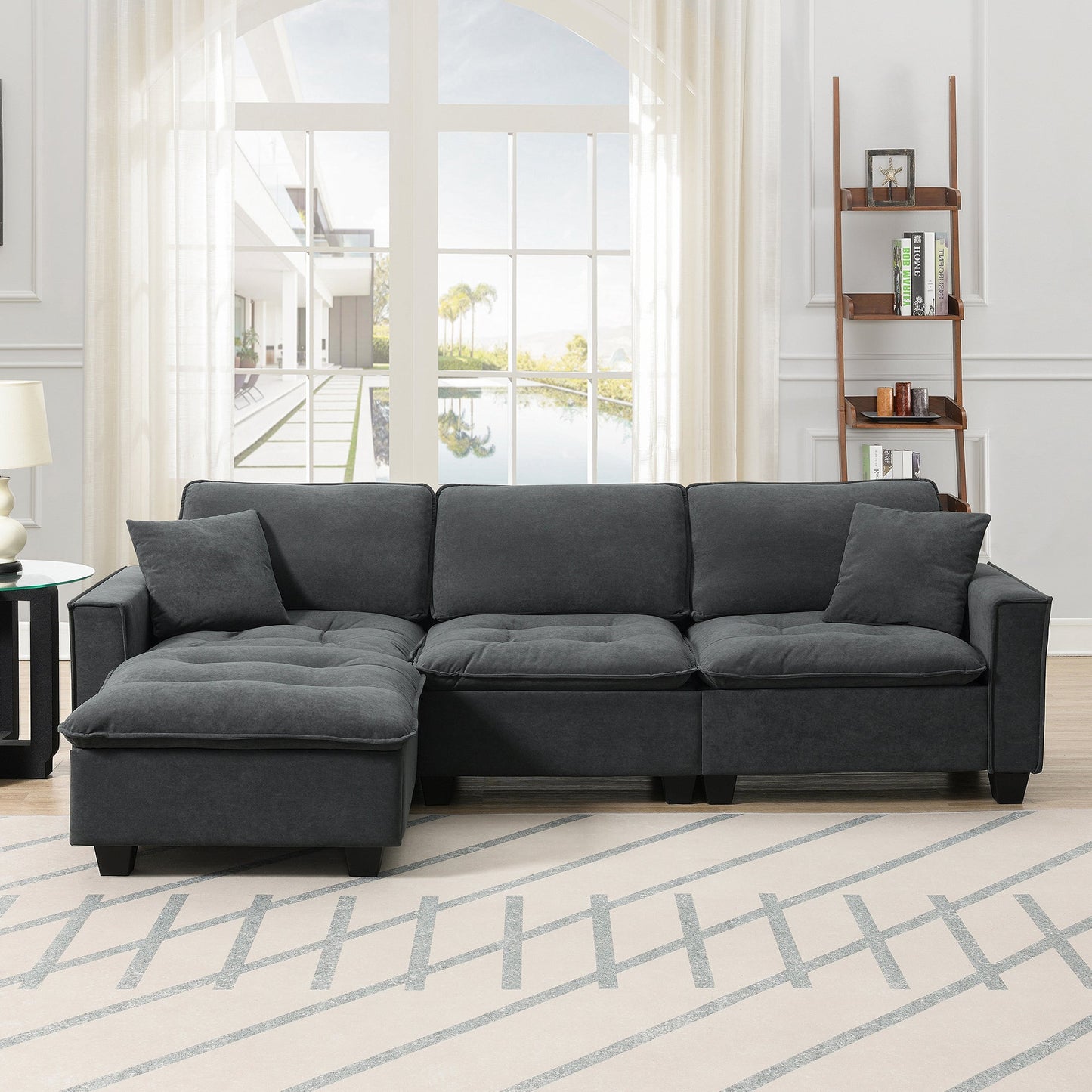 100*59" Modern Convertible Sectional Sofa,L-Shaped Reversible Couch Set With Free Pillows,4 Seat Suede Velvet Sleeper Sofa