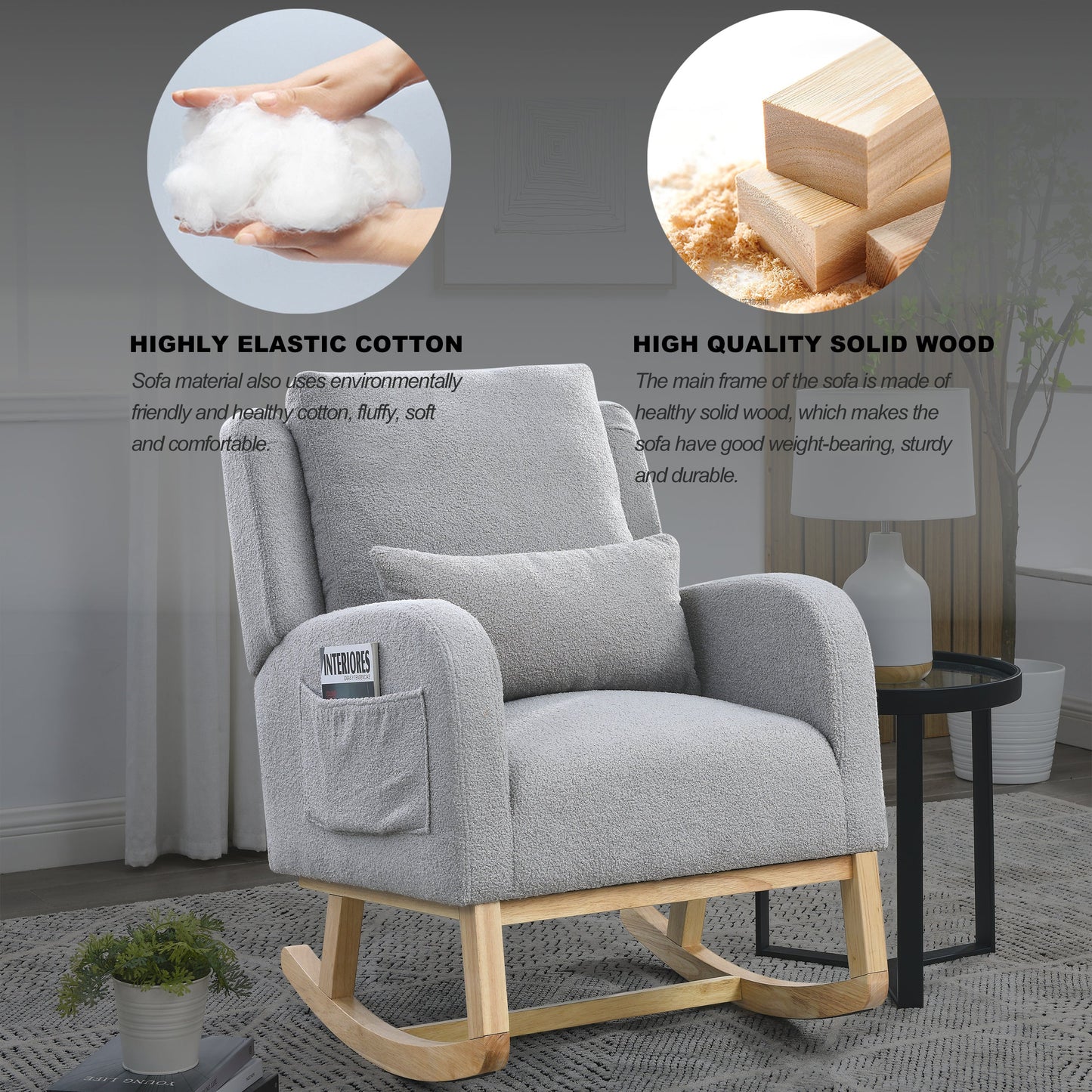 27.5 "W Modern Accent High Back Living Room Casual Armchair Rocker With One Lumbar Pillow, Two Side Pockets