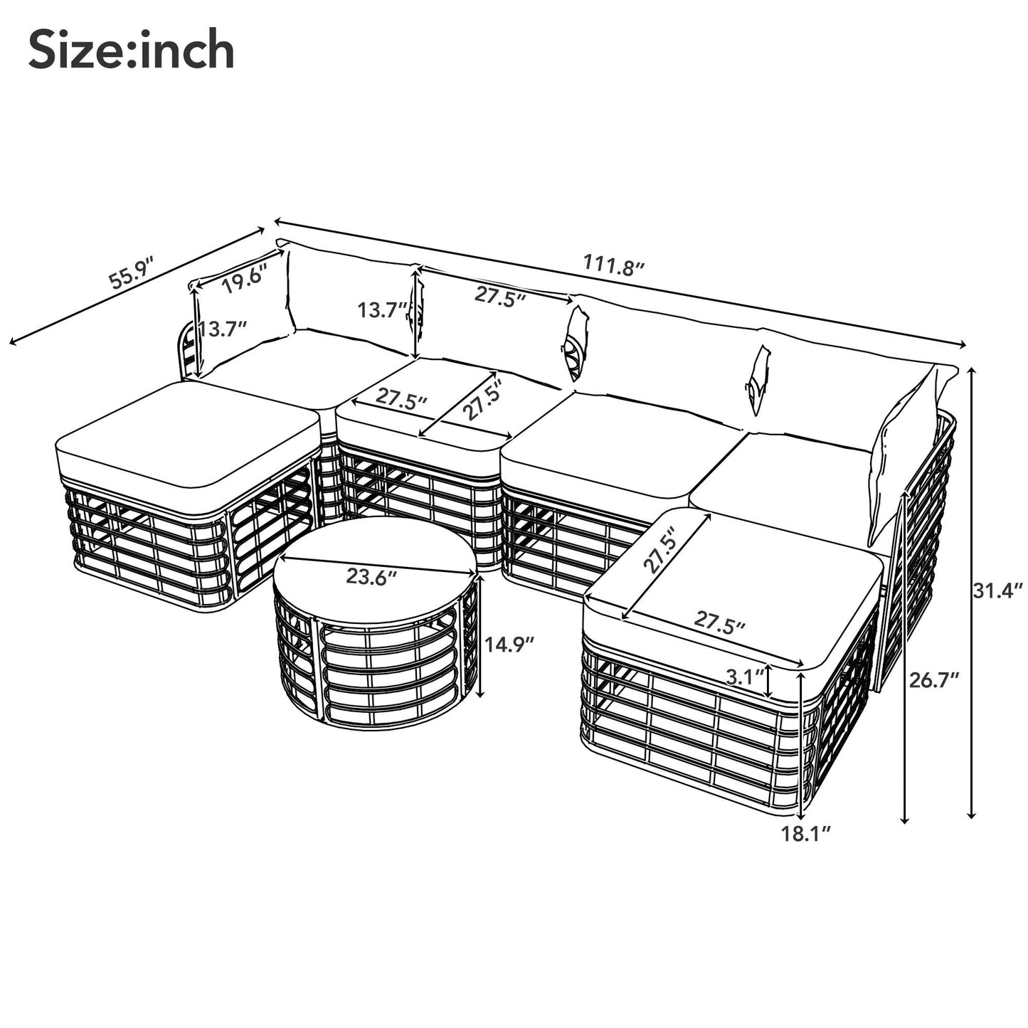 7 Pieces Outdoor Patio Furniture, All-Weather Rattan Sectional Sofa Set With Thick Cushions and Pillows, Freely Combined