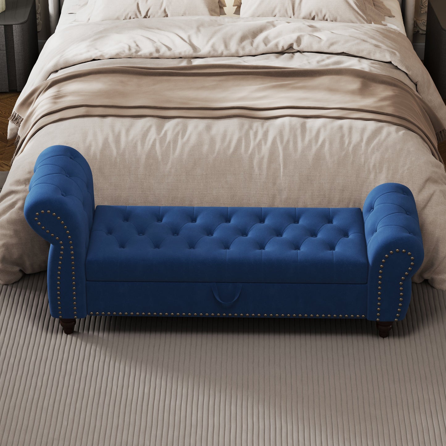 64.5" Bed Bench for Bed Room Nails Tufted Chaise of Lounge With Storage Velvet Upholstery Navy Blue