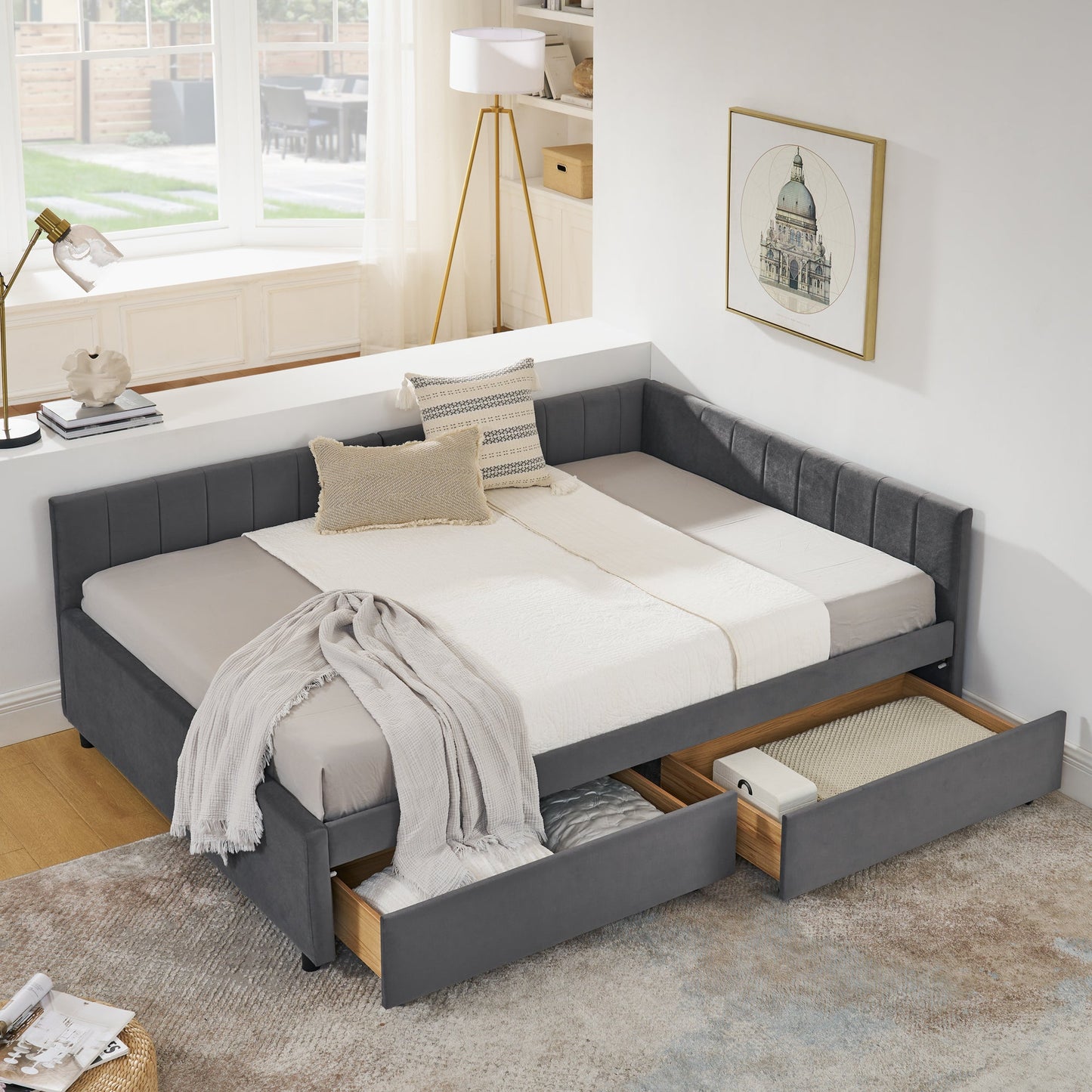 Full Size Upholstered Tufted Bed Frame With Two Drawers, Sofa Bed Frame With Comfortable Backrest and Armrests, Velvet