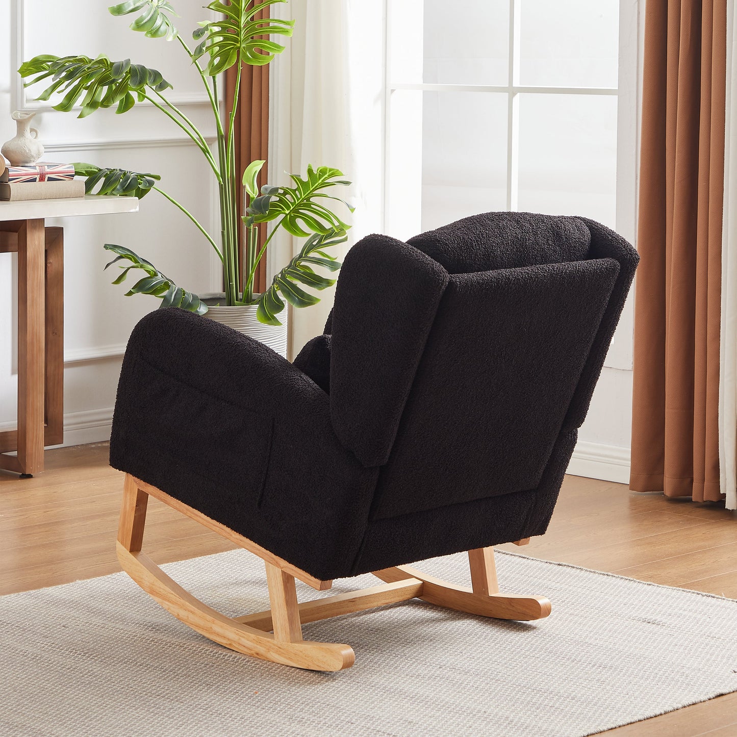 Modern Accent High Backrest Living Room Lounge Arm Rocking Chair, Two Side Pocket