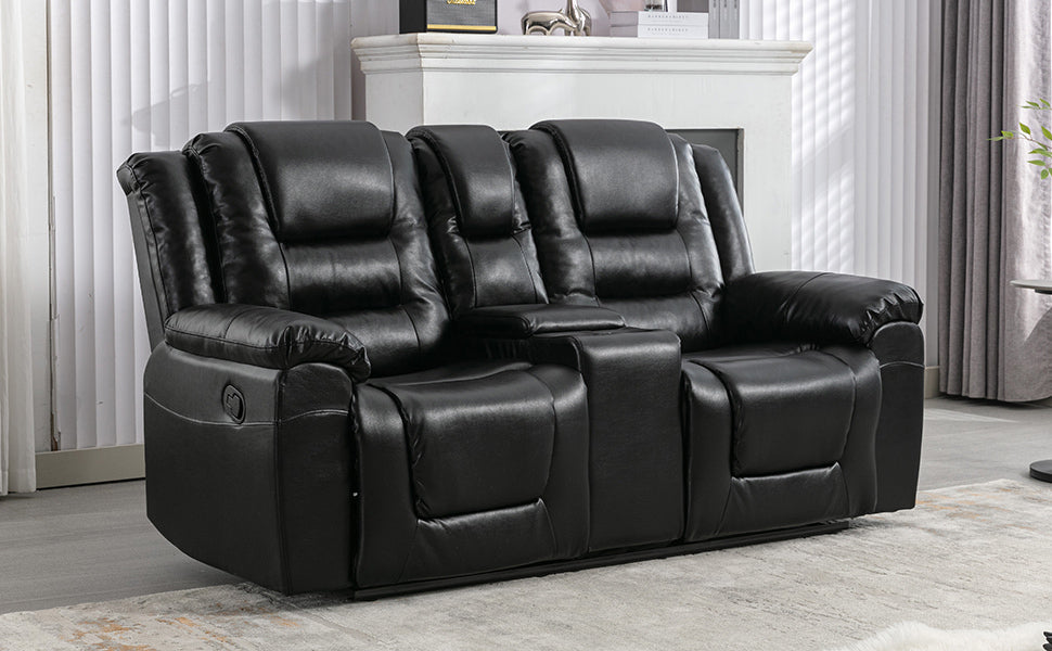 2 Seater Home Theater Recliner Manual Recliner Chair With a Storage Box and Two Cup Holders for Living Room,Bedroom, Black