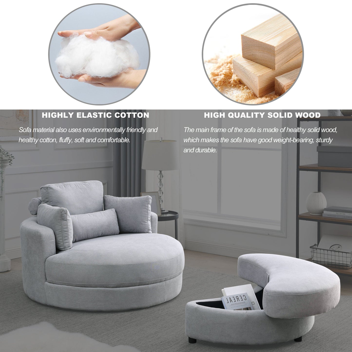 Swivel Accent Barrel Modern Grey Sofa Lounge Club Big Round Chair With Storage Ottoman Linen Fabric for Living Room