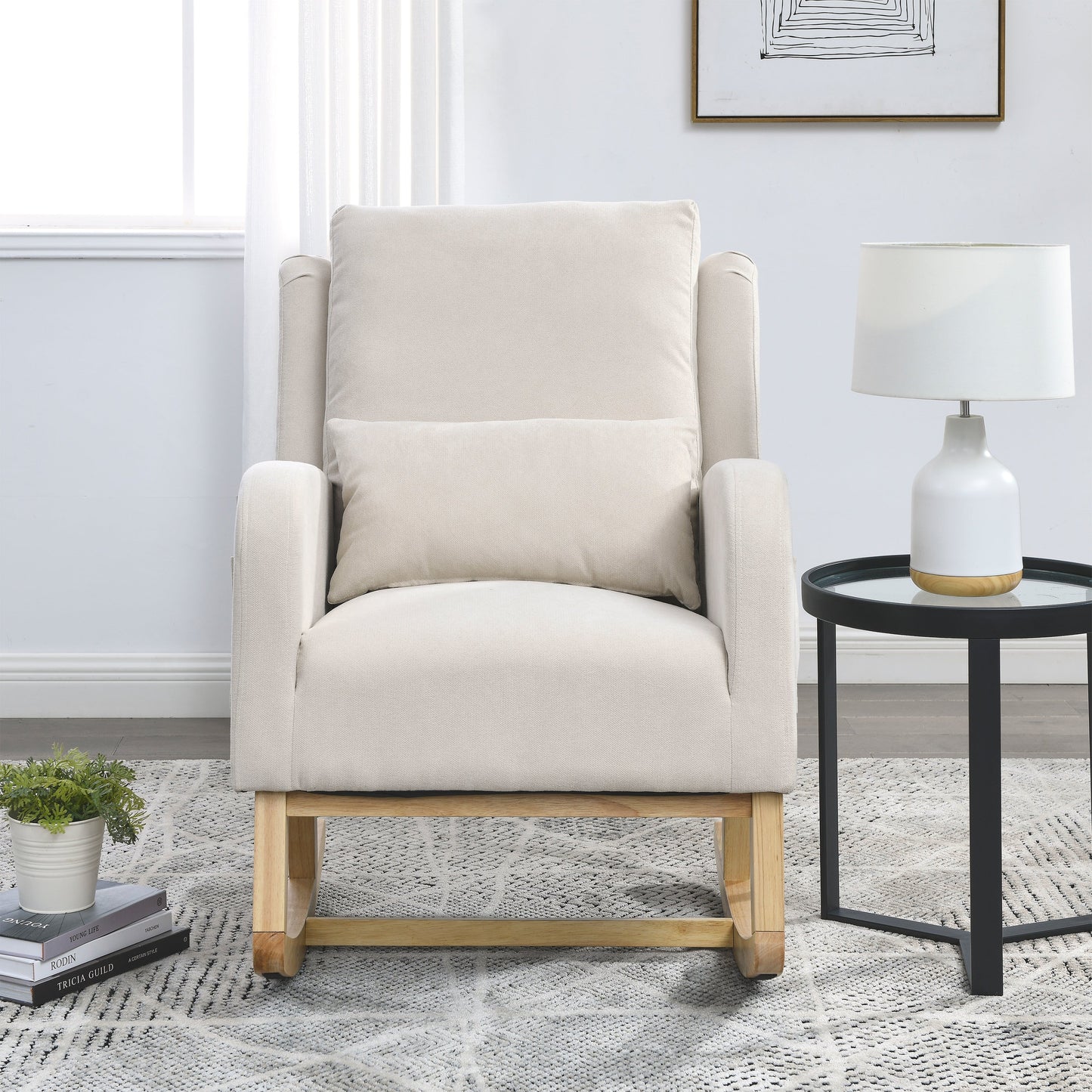 27.5 "W Modern Accent High Back Living Room Casual Armchair Rocker With One Lumbar Pillow, Two Side Pockets
