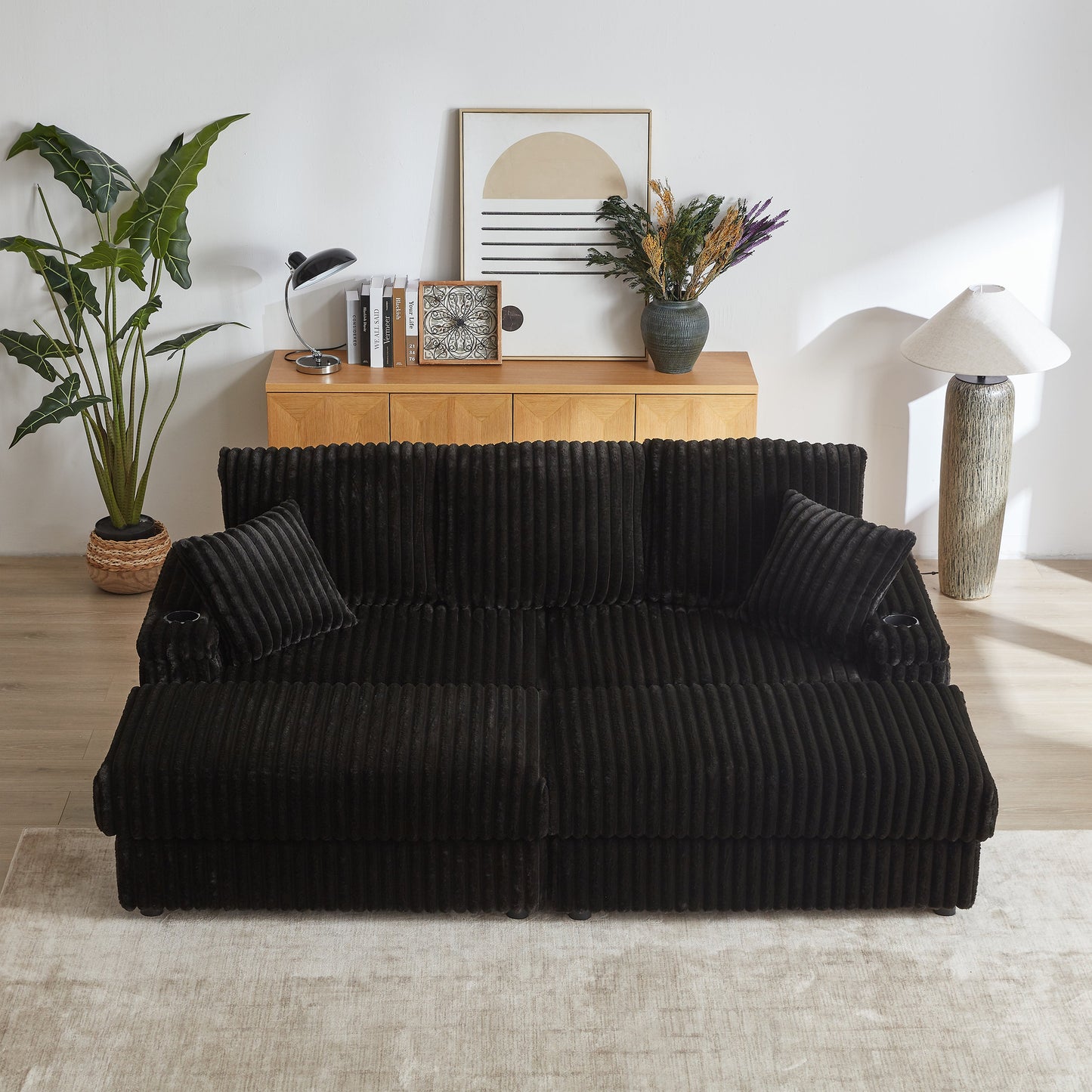 84Inch Corduroy 3-Seater Sofa With 3 Back Pillows ,2 Toss Pillows , a Ottoman ,2storage Spaces and Cup-Holding Grooves
