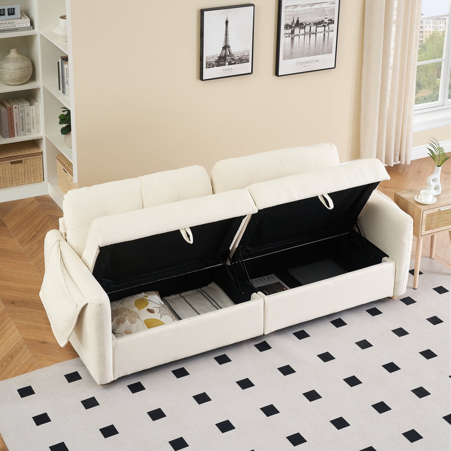 79.50 Inches Long, Teddy Cotton Linen Sofa Fabric, With Metal Conical Long Legs, Metal Strip Matching, Stylish
