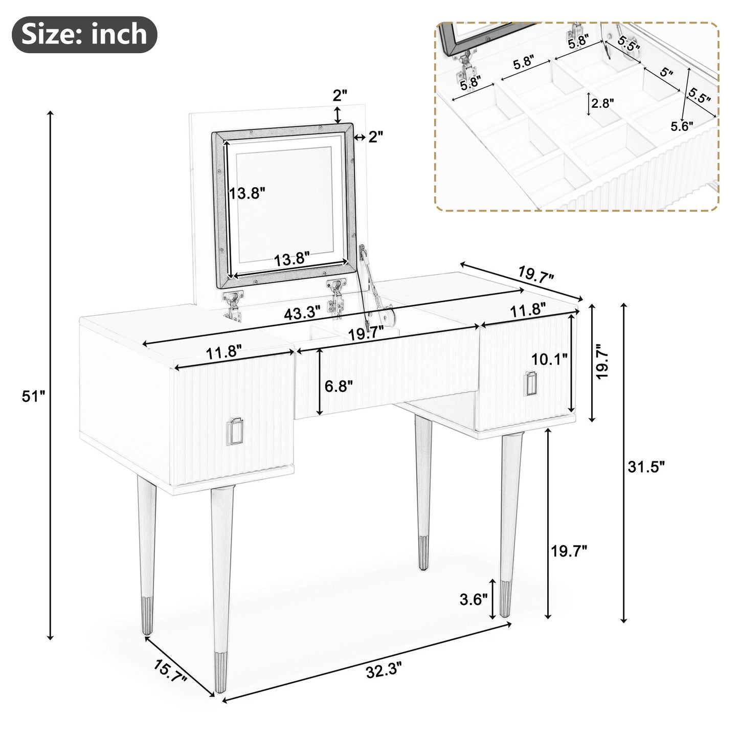 43.3" Modern Vanity Table Set With Flip-Top Mirror and LED Light, Dressing Table With Customizable Storage