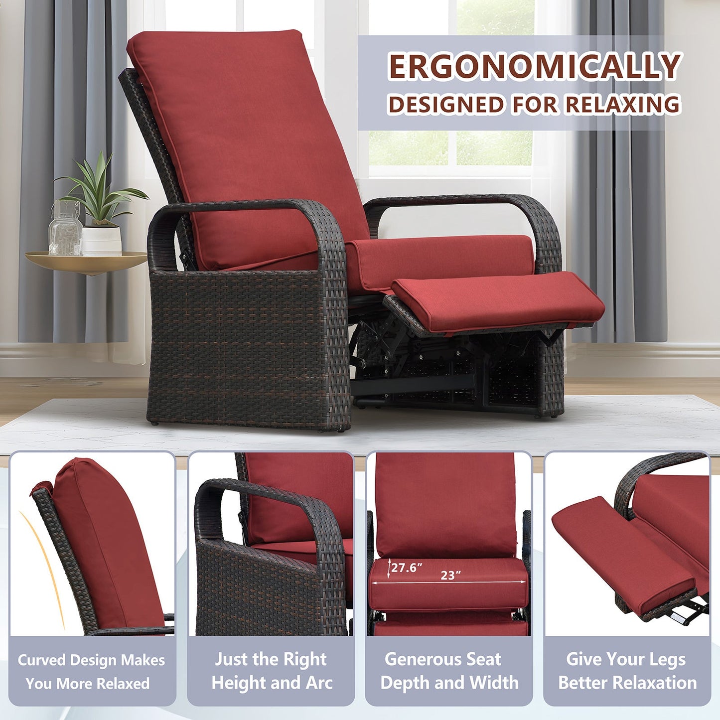 Outdoor Recliner Chair; Automatic Adjustable Wicker Lounge Recliner Chair With 5.12'' Thicken Cushion