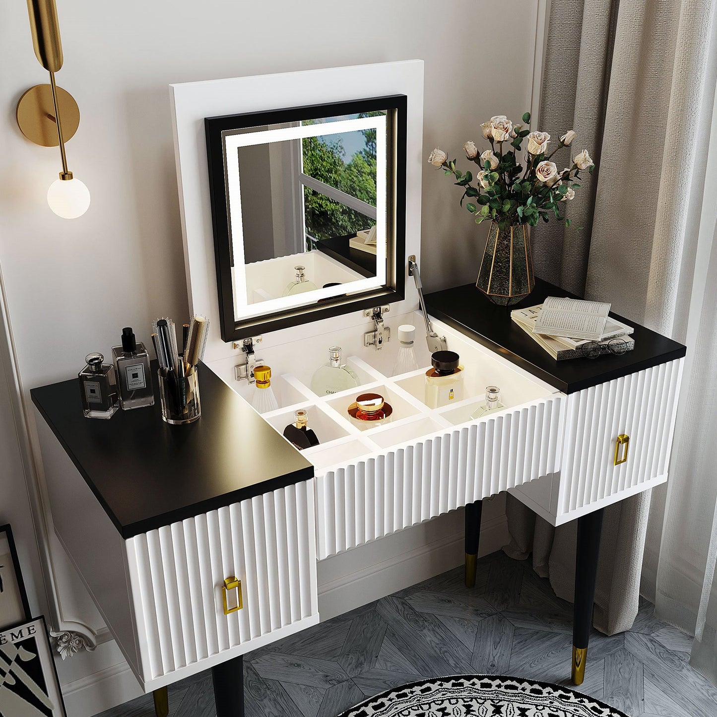 43.3" Modern Vanity Table Set With Flip-Top Mirror and LED Light, Dressing Table With Customizable Storage