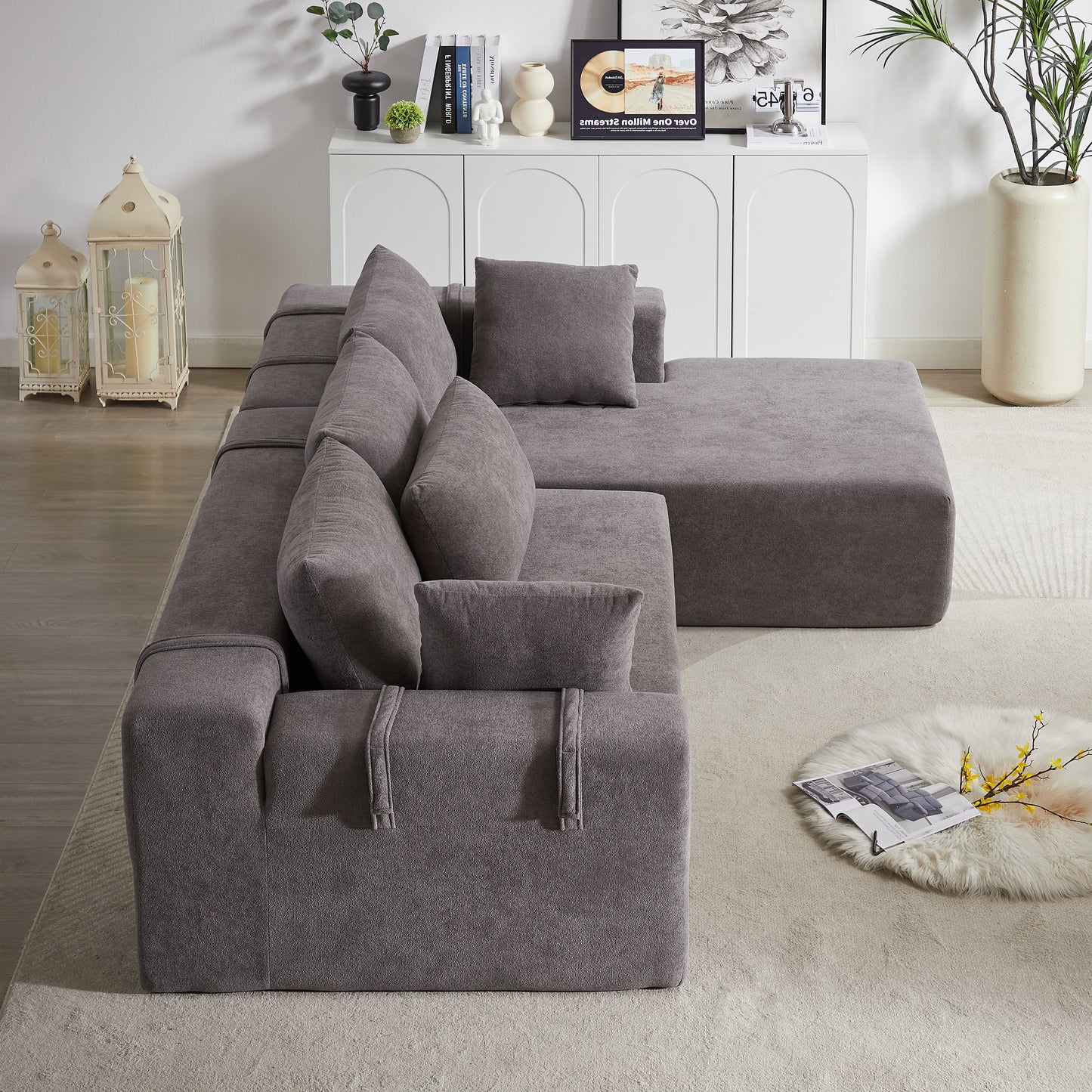 Modern Chenille Upholstered Sectional Sofa Couch Set,Modular 108" L Shaped Sectional Living Room Sofa Set With 6 Pillows