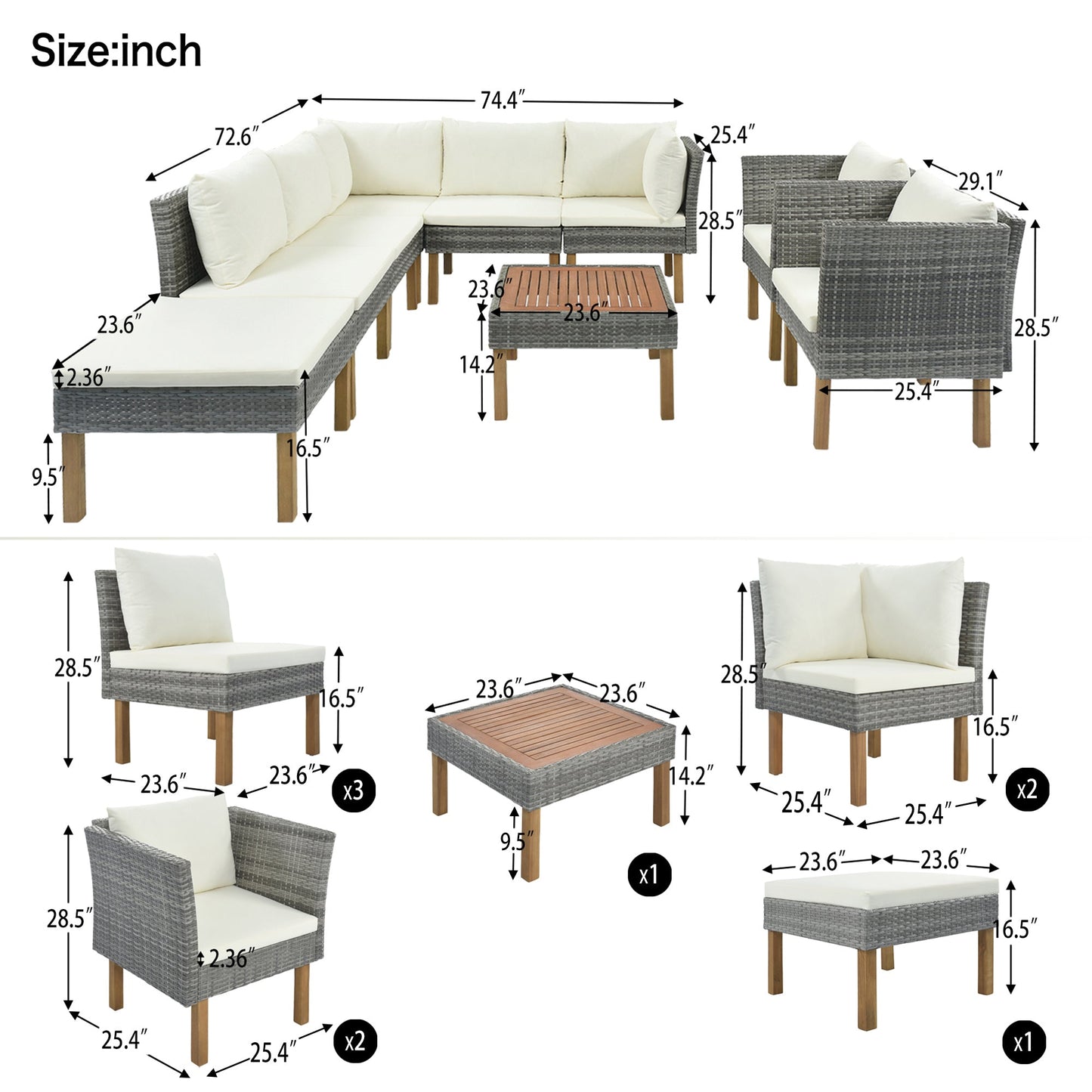 9-Piece Outdoor Patio Garden Wicker Sofa Set, Gray PE Rattan Sofa Set, With Wood Legs, Acacia Wood Tabletop