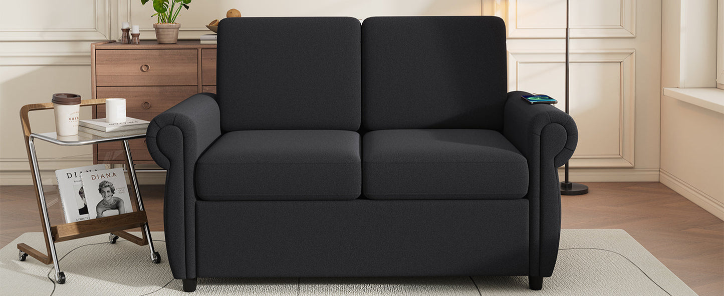 57.9" Pull Out Sofa Bed Loveseat Sleeper With Twin Size Memory Mattress With Two USB Ports for Living Room Spaces, Black