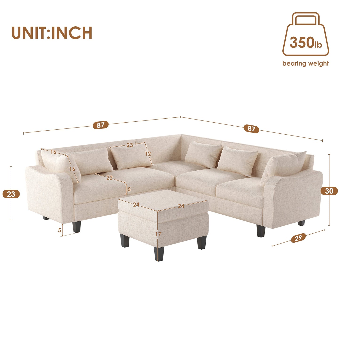 87" Modern Sectional Sofa With Coffee Table,6-Seat Couch Set With Storage Ottoman,Various Combinations,L-Shape Indoor