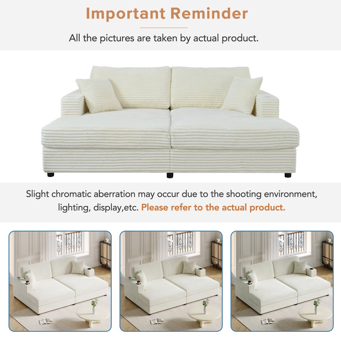 86.5" Oversized Loveseat Chaise Lounge Sectional Sofa Bed Corduroy Sleeper Sofa With Two USB Ports , Two Cup Holders