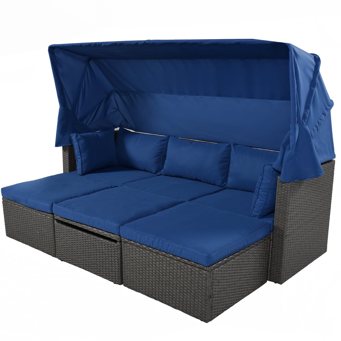 Outdoor Patio Rectangle Daybed With Retractable Canopy, Wicker Furniture Sectional Seating With Washable Cushions